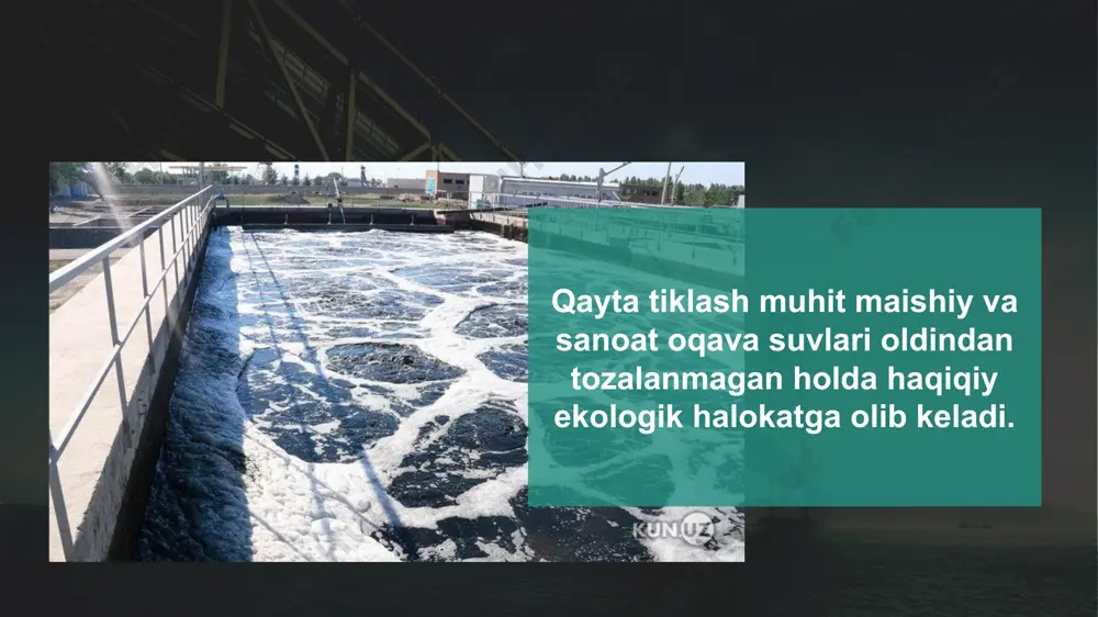 tning kislotalilik darajasini nazorat qilish imkonini beradi va shu bilan oksidlanishdan oldingi jarayon uchun maqbul sharoit yaratadi. u plastik qopqoq bilan yopilgan yumaloq beton idishda oqadi. noxush hidning tarqalishini oldini olish uchun tankdagi havo doimiy ravishda chiqariladi va tozalanadi. oksidlanishdan oldingi bosqich tugagandan so'ng, suv anaerob reaktorlarga pompalanadi. to'rtinchi bosqich keyin aerob bakteriyalar ta'sirida sulfat kislotaga oksidlanadi. parchalanish jarayonlari ancha uzoq davom etadi va chiqindi suvlar ko'pincha uzoq vaqt davomida tanklarda qoladi, uning kondensatidagi vodorod sulfidi konsentratsiyasi beton yuzasida 6% sulfat kislota eritmasini hosil qilishi mumkin. quvur liniyasi qanchalik uzun bo'lsa, chiqindi suv tizimda qanchalik uzoq bo'lsa va parchalanish jarayonida ishtirok etadigan kislorod hajmi shunchalik ko'p bo'ladi. ifloslanish tarkibiga ko'ra korxonalar oqava suvlari uch guruhga bo'linadi: noorganik drenajlar; organik moddalar bilan oqava suvlar; noorganik va organik ifloslantiruvchi moddalar aralashmasi. birinchi guruhga soda, sulfatlar va azot birikmalarini ishlab chiqaruvchi, shuningdek, texnologiyada metallar, ishqorlar va kislotalardan foydalanadigan korxonalarning sanoat oqava suvlari kiradi. …
