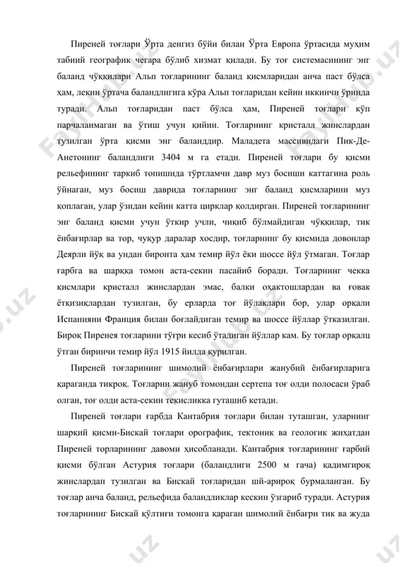 ўл 1915 йилда қурилган. пиреней тоғларининг шимолий ёнбағирлари жанубий ёнбағирларига қараганда тикроқ. тоғларни жануб томондан сертепа тоғ олди полосаси ўраб олган, тоғ олди аста-секин текисликка гуташиб кетади. пиреней тоғлари ғарбда кантабрия тоғлари билан туташган, уларнинг шарқий қисми-бискай тоғлари орографик, тектоник ва геологик жиҳатдан пиреней торларининг давоми ҳисобланади. кантабрия тоғларининг ғарбий қисми бўлган астурия тоғлари (баландлиги 2500 м гача) қадимгироқ жинслардап тузилган ва бискай тоғларидан шй-арироқ бурмаланган. бу тоғлар анча баланд, рельефида баландликлар кескин ўзгариб туради. астурия тоғларининг бискай қўлтиғи томонга қараган шимолий ёнбағри тик ва жуда ўнқирчўнқир бўлиб кетган. бу ёнбағирни дарага ўхшаш тор водийлар ўйиб юборган, улар орқали жўшқин дарёлар шарқираб оқиб ётади. пиреней ярим оролининг жанубий тоғ системаси ўзининг геологик тузилиши ва орографиясига кўра альп тоғларига жуда ўхшаб кетади. булар андалузия тоғлари ёки бет кордильерасидир. бу тоғлар гибралтар бўғози устидан тик кўтарилиб турган қоядан бошланиб, шимоли-шарққа томон чўзйлиб кетган. анда лузия тоғларининг давоми унча баланд бўлмаган қирлар кўринишида …