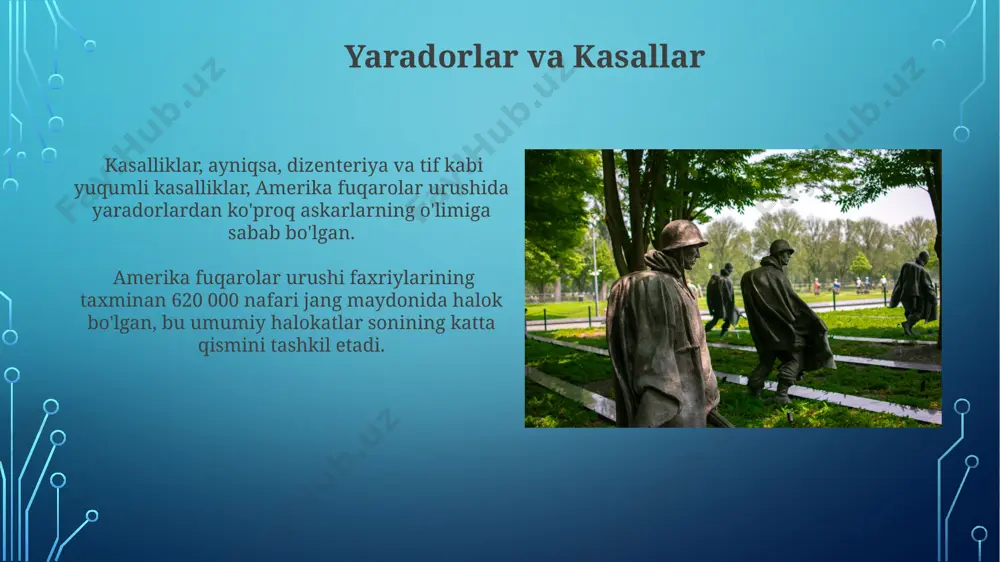 taxminan 100 mingdan ortiq amerika fuqarolar urushi faxriysi kundalik hayotga bevosita yoki bilvosita ta'sir ko'rsatgan voqealarni yoritgan xatlar, kundaliklar va boshqa hujjatlar qoldirgan. ikkinchi jahon urushi faxriylarining 30% dan ortig'i kundalik hayotda qatnashgan va ularning xotiralari amerika fuqarolar urushi tarixini o'rganishda muhim manba hisoblanadi. urush sabablari urushdan so'ng, faqatgina 10% dan kamroq faxriylar federal pensiya olgan bo'lsada, ularning ijtimoiy ta'siri siyosat va jamiyatga sezilarli darajada ta'sir ko'rsatgan. amerika fuqarolar urushi faxriylari orasida taxminan 2 million askar xizmat qilgan bo'lib, ularning 620 ming nafari halok bo'lgan yoki yaralangan. jang maydonlarida jang maydonlarida yarador boʻlganlarning 20 foizi amputasiya operatsiyalariga duchor boʻlgan, bu esa yuqumli kasalliklar xavfini sezilarli darajada oshirgan. jang maydonlarida oʻrtacha har 1000 askardan 250 nafari turli darajadagi jarohatlar tufayli halok boʻlgan yoki nogiron boʻlib qolgan. xotiralar va kundaliklar urush davridagi xotiralar va kundaliklar, o'rtacha 200 sahifadan iborat bo'lib, askarlarning kundalik hayotini, janglarni va urushning psixologik ta'sirini batafsil tasvirlaydi. amerika fuqarolar …