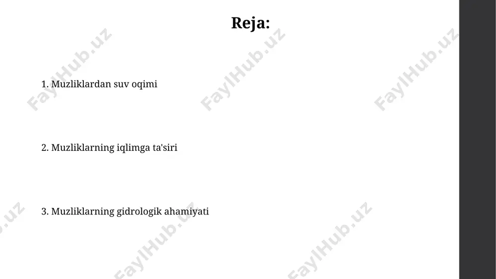 onning pomir-alay togʻ sistemasidagi muzliklar, yillik 10-15 km³ suv taʼminotini taʼminlaydi, bu mintaqaning qishloq xoʻjaligi va sanoati uchun juda muhimdir. tyan-shan togʻlaridagi muzliklarning erishi natijasida hosil boʻlgan suv oqimlari, taxminan 20% ga yaqinini, chirchiq daryosi havzasiga oqib tushadi, bu suv taʼminoti xavfsizligini taʼminlashda muhim rol oʻynaydi. muzliklarning suv resurslariga ta'siri muzliklarning erishi natijasida o'zbekistonning amudaryo havzasiga yiliga o'rtacha 10-15 km³ suv qo'shiladi, bu mintaqaning suv ta'minotida muhim rol o'ynaydi. hindistonning himoloy tog'laridagi gang daryosi havzasidagi muzliklarning erishi, 1 milliarddan ortiq aholining suv ta'minotiga jiddiy tahdid soladi, bu esa o'zbekistonga ham bilvosita ta'sir ko'rsatishi mumkin. muzliklarning ekologik ahamiyati pomir tog'laridagi muzliklardan oqib chiquvchi suv, farg'ona vodiysidagi 10 million aholining 30% ga yaqinini toza ichimlik suvi bilan ta'minlaydi, ularning kamayishi o'ta jiddiy oqibatlarga olib kelishi mumkin. qor va muzliklarning asta-sekin erishi natijasida, ayniqsa, himoloy tog'laridagi 1500 dan ortiq muzliklarning 10% kamayishi, 1 milliarddan ortiq odam yashaydigan hududlarning suv ta'minotiga tahdid soladi. muzliklarning …
