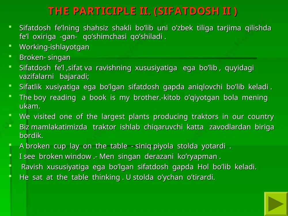 - u kresloda gazeta o’qib o’tirar edi . the customs officer stood on desk counting the cases --- bojxona xodimi palubada qutilarni sanab o’tirardi . i am reading , i was reading , ishall be reading , i have been reading , i had been reading . she had fun swimming ---usuzib maza qildi . she will be speaking ---ugapirayotgan bo’ladi ‘ they were working ---ular ishlayotgan edilar . perfect participle active --tohave fe’lining oxiriga --ing qo’shish va asosiy fe’lning o’tgan zamoni sifatdoshi orqali yasaladi tarjima qilganda fe’l ohiriga ---gan ---- ib --ab qo’shimchalari qo’shiladi asosiy fe’l ifodalagan ish -harakatdan oldin bajarilgan ish-harakatlar uchun perfect participle ishlatiladi . having lived there for a long time he knew the place well .--u erda uzoq yashab ,u o’sha joyni yaxshi bilardi . having lived in london for many years he knew that city very well .--londonda ko’p yashaganligi sababli u bu shaharni …