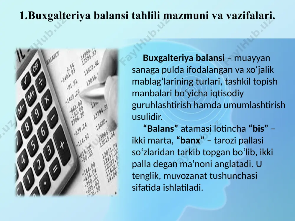 z sarmoyasidagi zaxiralar mohiyati va maqsadlari bayoni. s) majburiyatlarda dividendlarni to‘lash uchun ajratilgan pul miqdorining mavjudligi haqidagi axborotlar ochib berilishi zarur. xo‘jalik yurituvchi subyekt o‘z sarmoyasidagi o‘zgarishlarni aniq aks ettirishi yuzasidan buxgalteriya balansiga izohlar, hisob-kitoblar va tushuntirishlarda‚ shuningdek: - davr boshida va hisobot sanasida to‘plangan foyda yoki zararlarning qoldig‘i hamda shu davrda yuz bergan muhim o‘zgarishlar, jumladan aksiyadorlar (muassislar, ishtirokchilar) har bir toifasiga shu davr uchun taqsimlanadigan sof foyda haqidagi; - o‘z sarmoyasi har bir toifasi joriy miqdordagi hamda davrning boshlari va oxirida zaxiradagi o‘zgarishlarning umumiy miqdori haqidagi axborotlarni ochib berishi lozim. buxgalteriya balansi tahlilining mazmuni – korxonaning mulkiy holati va uning o‘zgarishlariga, aktivlar, kapital va majburiyatlarning tarkibi va o‘zgarishlariga, balans moddalarining likvidlik darajasiga, xo‘jalik yurituvchi sub’ektlarning to‘lov layoqatiga, moliyaviy barqarorligiga, ish aktivligiga, raqobatbardoshligi va iqtisodiy tahlikalarga bardoshligiga baho berishdan iborat. buxgalteriya balansi tahlili oldiga quyidagi vazifalar qo‘yiladi: 2. buxgalteriya balansi va uning tarkibiy tuzilishi: aktivlar, kapital va majburiyatlar. buxgalteriya …