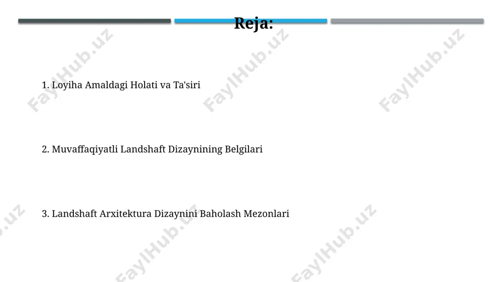 . landshaft arxitekturasi dizaynini baholash mezonlari landshaft dizaynini baholashda 5 ball shkalasi bo'yicha, 1-3 ball ekologik barqarorlik, suv resurslaridan oqilona foydalanish (masalan, yomg'ir suvini yig'ish tizimlari mavjudligi toshkentda) va 4-5 ball estetik jozibadorlik va funksiyonallik mezonlarini o'z ichiga oladi. baholash jarayoniga 10 dan ortiq mutaxassis, shu jumladan landshaft arxitektorlari, ekologlar va jamoatchilik vakillari (masalan, farg'ona vodiysidagi loyihalar uchun) jalb qilinadi, ularning fikrlari o'rtacha hisoblanadi. ijtimoiy ta'sir va jamoatchilik fikrini baholash farg'ona vodiysidagi qishloq joylarida o'tkazilgan tadqiqotlar shuni ko'rsatdiki, yangi ko'kalamzorlashtirish loyihasidan 3000 dan ortiq kishi foydalanib, jamoatchilik munosabatlari yaxshilandi. samarqanddagi tarixiy markaz atrofida amalga oshirilgan landshaft dizaynining 2022 yildagi ijtimoiy ta'sirini baholashda, turizm daromadlarining 15% o'sishi kuzatildi. funktsionallik va foydalanish qulayligini baholash 2023-yilda toshkent shahridagi yangi parkning funktsionalligi, 500 dan ortiq so'rovnoma natijalari asosida, yosh va keksa avlod uchun moslashtirilganligi bilan baholandi, ulardan 85% ijobiy fikr bildirdi. farg'ona vodiysidagi 10 ta turli xil maydonlarning funktsionallik va foydalanish qulayligi ko'rsatkichlari, 7 …