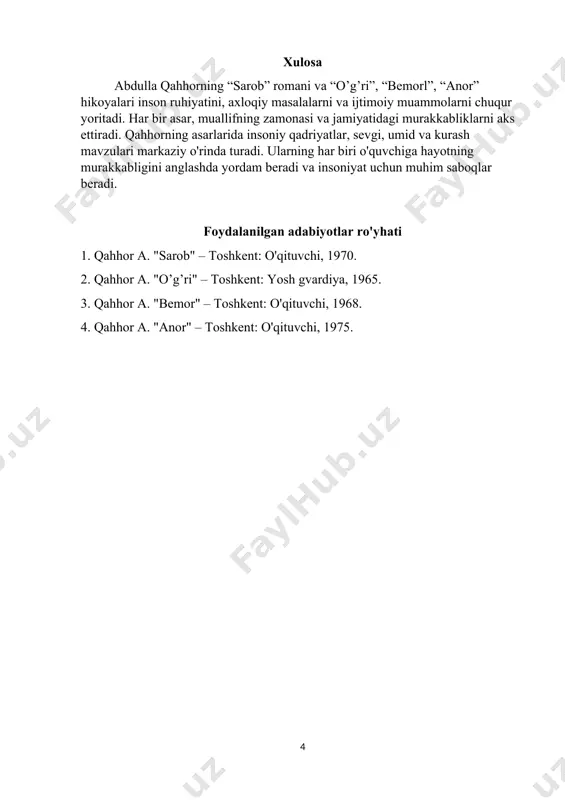 orning hayoti va uning sog'lig'i bilan bog'liq muammolarni yoritadi. u o'zining kasalligi orqali hayotining ahamiyatini anglaydi. "bemor" hikoyasida insonning kasallik va sog'liq holati, shuningdek, umrning qadr-qimmati haqida fikr yuritiladi. qahhor bu asarda kasallik orqali inson ruhiyatini, uning ichki kechinmalarini va hayotga bo'lgan munosabatini ochib beradi. bemor obrazida hayot va o'lim, umid va tushkunlik o'rtasidagi kurash aks etadi. ushbu hikoya o'quvchini hayotning noaniqliklari haqida o'ylashga undaydi va sog'liqning ahamiyatini ta'kidlaydi. • sog'liq va hayot: bemorning ichki kurashlari. • insoniy munosabatlar: bemor va uning atrofidagilar o'rtasidagi munosabatlar. “anor” hikoyasi “anor” hikoyasi, insonning tabiat bilan bog'liqligini va uning ichki dunyosini tasvirlaydi. asarda anor mevasining ramziy ma'nosi orqali inson hayoti, muhabbat va baxt haqida fikr yuritiladi. "anor" hikoyasi esa sevgi, xiyonat va insoniy munosabatlar haqida. bu asarda anor mevasining ramziy ma'nosi orqali insonlarning his-tuyg'ulari va munosabatlari tasvirlanadi. qahhor sevgi va xiyonatning murakkabligini, insonlarning bir-biriga bo'lgan munosabatlaridagi nozik chiziqlarni ko'rsatadi. hikoya davomida qahramonlar orasidagi ziddiyatlar …