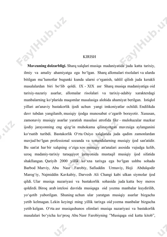 arixga ega bo‘lgan ushbu sohada barbod marviy, abu nasr farobiy, safiuddin urmaviy, hoji abdulqodir marog‘iy, najmiddin kavkabiy, darvesh ali changi kabi ulkan siymolar ijod qildi. ular musiqa nazariyasi va bastakorlik sohasida juda katta boy meros qoldirdi. biroq arab istelosi davrida musiqaga oid yozma manbalar kuydirilib, yo‘qotib yuborilgan. shuning uchun ular yaratgan musiqiy asarlar bizgacha yetib kelmagan. lekin keyingi ming yillik tarixga oid yozma manbalar bizgacha yetib kelgan. o‘rta asr musiqashunos olimlari musiqa nazariyasi va bastakorlik masalalari bo‘yicha ko‘proq abu nasr farobiyning ”musiqaga oid katta kitob”, “musiqa haqida so‘z”, abu ali ibn sinoning “musiqa ilmi haqida risola”, “kitobu ash-shifo” asarlarida musiqa ilmi va bastakorlik san'atiga berilgan ta'rifni asos qilib oladilar. o‘zbek xalqining donishmand shoiri va olimi alisher navoiy o‘zining ”xazoyin ul-maoniy”, “xolati pahlavon muhammad”, 2 “majolis un-nafois”, “mezon ul-avzon”, “mahbub ul-qulub” kabi asarlarida o‘zidan oldin o‘tgan buyuk musiqiy allomalarimizning musiqa ilmiy, bastakorlik an'analarini davom ettirib, boyitdi. musiqa ilmi xiii – xiv …