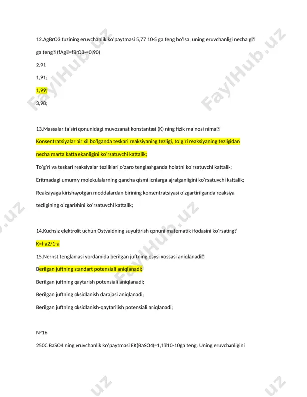 porsional. 27.cho‘kmaning eruvchanlik ko‘paytmasi ek harorat bilan qanday bog‘lanishda bo‘ladi? ek haroratiga bog‘liq emas haroratning ortishi bilan ek avval ortadi. haroratning ortishi bilan cho‘kmaning ek si ortadi. so‘ngra esa kamayadi. cho‘kmaning xossasiga bog‘liq ravishda ek ortishi ham kamayishi ham mumkin. 28.kislotali muhitda qaysi ionlar cr2o72 ioni bilan oksidlanadi fe2 mn2 so42 cl 29.quyidagi tuzlarning qaysi biri suvda yomon eriydi nahc4h4o6 khc4h4o6 k2c4h4o6 na2c4h4o6 30.eritmada mn2 ionlarini ochish uchun quyidagi reaksiyalarning qaysi biri eng yaxshi natija beradi. 2mn25bio3- 14h2mno4-5bi3 7h2o mn22oh-mn(oh)2 2mn2[fe(cn)6]-4mn2[fe(cn)6] mn24oh- cl2mno(oh)2 2cl-h2o №31 quyidagi reaktivlarning qaysi biridan foydalanib rux ionini temir(iii) va mangan ionlaridan ajratib olish mumkin k[fe(cn)6 na2co3 baco3 nh4oh №32 cho‘ktiruvchining ortiqcha miqdori cho‘kmaning eruvchanligiga qanday ta’sir ko‘rsatadi cho‘ktiruvchining ortiqcha miqdori avval eruvchanlikni kamaytiradi, so‘ngra esa oshirib yubordi. eruvchanlikni kamaytiradi. eruvchanlikni oshiradi. eruvchanlikka ta’sir etmaydi. №33 qaysi omillar cho‘k-malarning eruvchanligiga kuchli ta’sir ko‘rsatadi cho‘ktirish haroratini oshirilganda. cho‘kma tarkibiga kirmagan ionlar qo‘shilganda. cho‘kma tarkibidagi kation bilan kompleks …