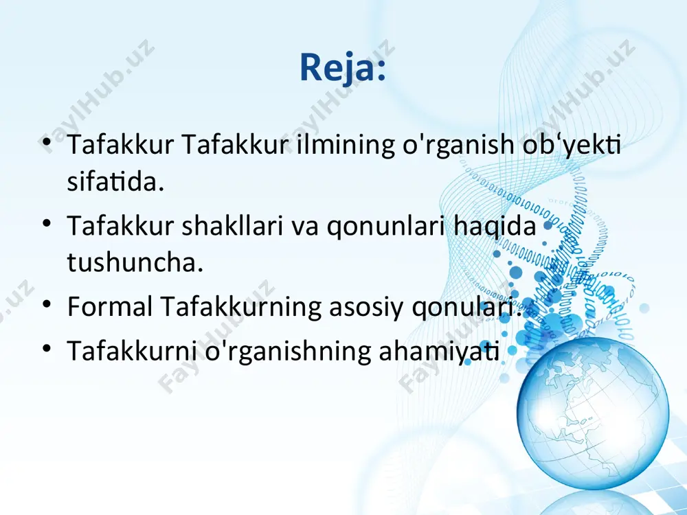 ror narsa-hodisa haqidagi ikki qarama – qarshi ayni bir vaqtda va ayni bir nisbatda birdaniga chin bo'la olmaydi (formulasi – «a – a emas») uchinchisi istisno qonuniga ko'ra, narsa - hodisaning mazmunini to'la qamrab oluvchi ikki zid mulohazadan biri albatta, chin bo'lib, ikkinchisi hatodir. uchinchi fikrning bo'lishi mumkin emas (formulasi – «a yoki v, yoki v emas») har qanday narsa-hodisaning real asosi bo'lgani kabi ularning in'ikosi bo'lgan fikr – mulohazalar ham albatta, isbotlangan bo'lishi kerak. (formulasi – « agar v mavjud bo'lsa, uning asosi sifatida a ?ai mavjud») tilning ikkita turi mavjud. tabiiy yoki milliy til tabiiy yoki milliy tillar tarixan shakllangan tovushlar (nutq) va grafika (yozuv) ning axborot belgilari sistemasidan iborat. tabiiy tilning alohida olingan har qanday belgisi o'z holicha hech narsani ifoda qilmaydi. sun`iy til sun'iy til tabiiy til negizida yaratilgan yordamchi ahborot belgilari sistemasidan iborat bo'lib, u mavjud bayon qilish va uzatish uchun hizmat qiladi. sun'iy tilda …