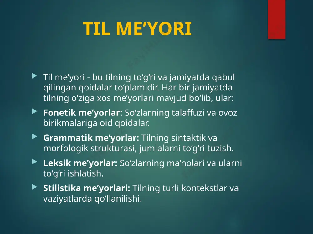 ir-biriga hurmat bilan murojaat qilishi, ularning fikrini tinglash. o‘zaro muomala madaniyati: o‘zaro izchil, muloyim va adolatli bo‘lish. nutqiy akt nutqiy akt – bu til vositalarini ishlatish orqali amalga oshiriladigan harakatdir. nutqiy aktlar tilning ijtimoiy va maqsadga yo‘naltirilgan elementlaridir. ular quyidagi turlarga bo‘linadi: ilmoqiy aktlar: ilmoqiy aktlar, so‘zlar yordamida fikrlar yoki bilimlarni ifodalash, aniq tushunchalarni bayon qilishni anglatadi. bu nutqiy aktlar ko‘pincha ta’lim va ilm-fan sohasida qo‘llaniladi. tavsiflash va izohlash: biror hodisa yoki narsani tasvirlash. persuaziv aktlar: persuaziv aktlar odamlarni ma’lum bir fikrga yoki qarorga jalb qilishga qaratilgan nutqiy harakatlardir. reklama va siyosatdagi nutqlar: fikrni o‘zgartirish, o‘rganishga yo‘naltirish. emotsional aktlar: emotsional aktlar his-tuyg‘ularni ifodalashga qaratilgan so‘zlardir. bu aktlar ko‘pincha shaxsiy munosabatlarda ishlatiladi. his-tuyg‘ularni bildirish: sevinch, qayg‘u yoki g‘azabni ifodalash. xulosa til me’yori, nutqiy muloqot, muomala va aktlar jamiyatning turli qatlamlaridagi o‘zaro munosabatlar va ijtimoiy rollar bilan chambarchas bog‘liq. bu tushunchalar tilni qanday ishlatishimiz, qanday kommunikatsiya vositalarini tanlashimiz va ijtimoiy kontekstga mos …