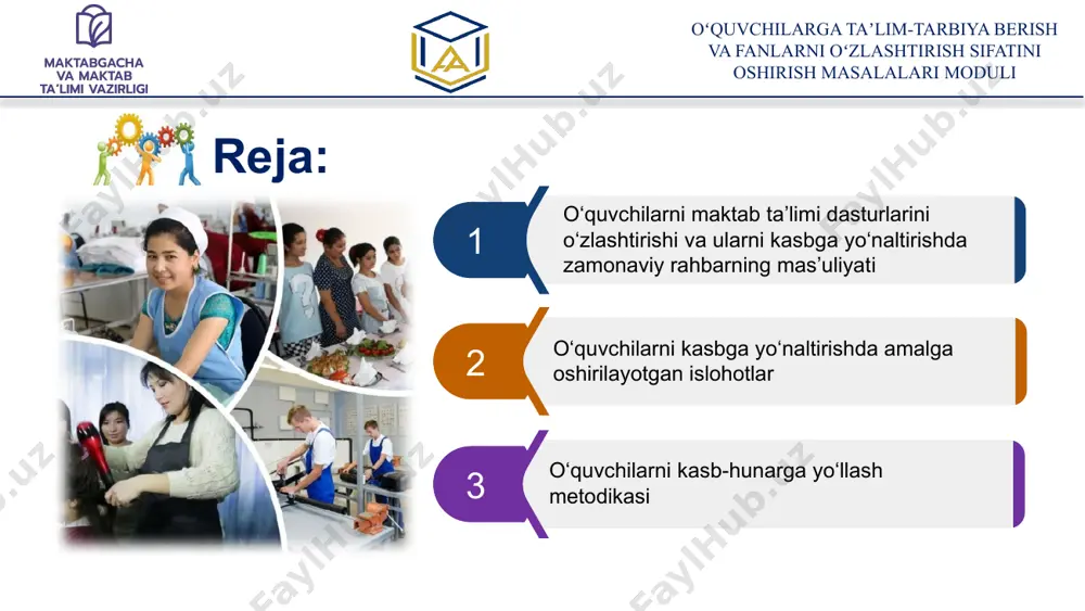 sining 2017-yil 6-apreldagi “umumiy o‘rta va o‘rta maxsus, kasb-hunar ta’limining davlat ta’lim standartlarini tasdiqlash to‘g‘risida”dagi 187-sonli qarori bilan o‘quv dasturlari tasdiqlangan. oʻquvchilarga taʼlim-tarbiya berish va fanlarni oʻzlashtirish sifatini oshirish masalalari moduli dastur, darslik, metodik qo‘llanma, mashq daftari va boshqa barcha turdagi tarqatma materiallar va boshqa mul’timedia, taqdimot, infografika, video va boshqa metodik ta’minot 1 didaktik ta’minot 2 elektron ta’lim resurslari 3 fanning umummetodik va moddiy-texnik ta’minoti asbob-uskuna va moslamalar, xomashyo va boshqa moddiy-texnik ta’minot 4 raqamli texnologiyalar oʻquvchilarga taʼlim-tarbiya berish va fanlarni oʻzlashtirish sifatini oshirish masalalari moduli zamonaviy rahbarning mas’uliyatini oshirishda pedagogik innovatsiyaning o‘rni ta’limdagi vaziyatni o‘zgartirishga bo‘lgan davlat ehtiyoji ta’lim muassasasida yuzaga kelgan ilg‘or pedagogik tajribalar va ilmiy izlanishlar pedagogik jamoaning yangicha ishlashga bo‘lgan ehtiyoji ta’lim muassasasidagi ijodkor rahbar va pedagoglarning intuitsiyasi, tashabbusi ta’lim xizmatlari iste’molchilarining fikri me’yoriy hujjatlar fan yutuqlari va yangiliklari natijasi oʻquvchilarga taʼlim-tarbiya berish va fanlarni oʻzlashtirish sifatini oshirish masalalari moduli zamonaviy rahbarda rivojlantirish lozim bo‘lgan …