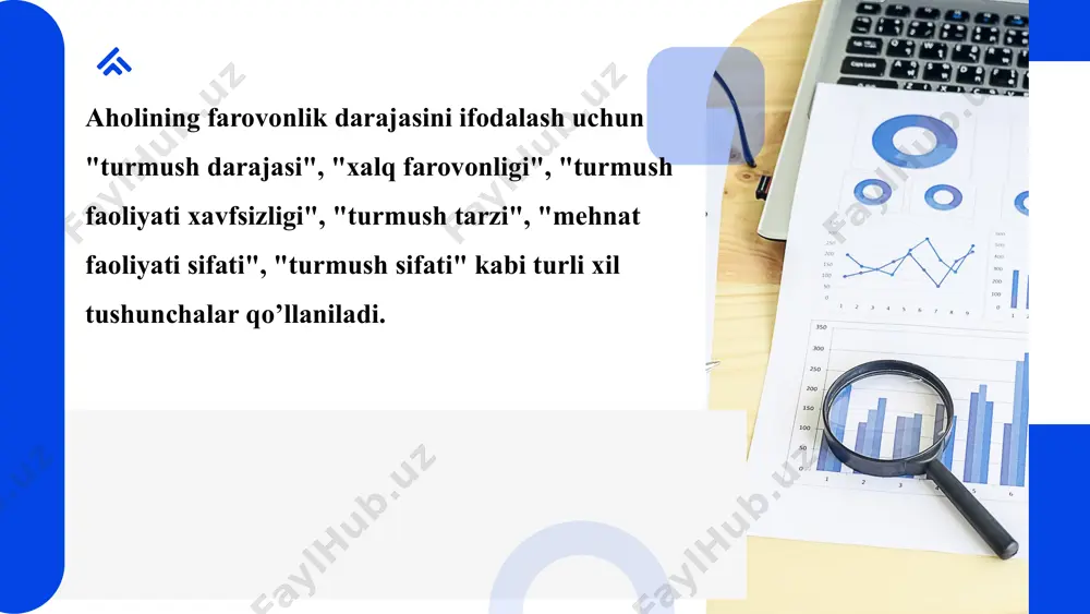 i bo’yicha hisobga olinadi. qiymat va natural ko’rsatkichlar. qiymat ko’rsatkichlari barcha daromad ko’rsatkichlari va pul ko’rinishidagi boshqa ko’rsatkichlar (tovar aylanishi, xizmatlar, tashishlar, pul jamg’armalari va qo’yilmalari va hokazolarning hajmi)ni o’z ichiga oladi. turmush darajasini ifodalashda miqdor va sifat ko’rsatkichlari muhim ahamiyatga ega miqdor ko’rsatkichlari muayyan moddiy ne’matlar va xizmatlar iste’mol hajmini aniqlaydi. sifat ko’rsatkichlari esa aholi farovonligini sifat jihatdan baholash imkonini beradi hozirgi paytda yuzaga kelgan sharoitlarni hisobga olib, bozor iqtisodi sharoitlariga muvofiqlashtirilgan quyidagi yangi ko’rsatkichlar tizimi taklif etiladi: 1) umumlashtiruvchi ko’rsatkichlar (ichki yalpi mahsulot, iste’mol fondi, turmush qiymati indeksi va boshqalar); 2) aholi daromadlari; 3) aholi iste’moli va xarajatlari; 4) aholining pul jamg’armalari; 5) jamg’arilgan mol-mulklar va turar joylar; 6) aholining ijtimoiy tabaqalanishi; 7) aholining kam ta’minlangan tabaqalari. bozor iqtisodiyoti sharoitida aholi daromadlari va ularning turlari iqtisodiyotda bir-biriga bog’liq bo’lgan munosabatlar borki, ularni hal qilmasdan mamlakatning farovonligini oshirish mumkin emas. shular qatorida: aholi daromadlarining pasayishi; ishsizlikning paydo bo’lishi; inflyasiya …