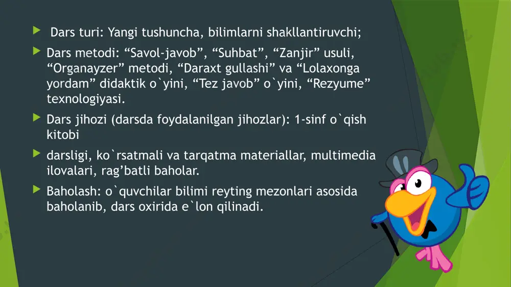 gullaydi. “lolaxonga yordam” didaktik o`yini: bu o`yinda o`quvchilar misollarni yechib,to`g`ri javobni topadilar va sonlarni o`sib borish tartibida yozadilar. hamma bo`g`inlar yozilgandan so`ng yangi “tinchlik-eng oliy ne’mat” mavzusi kelib chiqadi 28-7 29-9 15+7 28-3 3. lik 1.tinch 6.eng 4. ne’ 44-20 48-22 45-22 5. liy 2. mat 7. o iii. yangi mavzu bayoni: bugun sizlar bilan „tinchlik-eng oliy ne‘mat“ hikoyasi bilan tanishamiz. rivoyat – avloddan avlodga o`tib kelayotgan, voqea va hodisalarni, inson faoliyatini ba`zan real tasvirlovchi og`zaki hikoya: naql,afsona. darslikda qaysi hikoyalarni o`qiganmiz? „aqlli qarg`a“,“maqtanchoq xo`roz“,“shirin uyqu“,“shamol va quyosh“ hikoyalarini. „ tinchlik-eng oliy ne‘mat“ hikoyasi ifodali o`qib beriladi va mazmuni tushuntiriladi. o`quvchilarga rivoyat mazmuniga mos animatsiyali lavhalar ko`rsatiladi. kadr ortidan rivoyat matni o`qib eshitttiriladi. notanish so`zlar yuzasidan lug`at ishi o`tkaziladi. lug`at ishi: ayyovsiz-rahm shavqat qilmay matonat-sabrida dorulomon-mustaqil erkin sodiq-chin darslik bilan ishlash: o`quvchilar hikoyani ifodali o`qiydilar. o`quvchilardan tinchlik va do`stlik haqida maqollar so`raladi. ona yurting omon bo`lsa, rangi roying somon bo`lmas. …