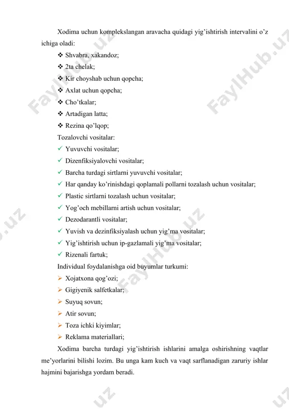 ish yoki mexanizatsiyalashgan yig’ishtirish; mehmonxona xonasidasiz olib boradigan barcha turdagi yig’ishtirish ishlari yig’ishtirish intervali va yig’ishtirish materiallar idoimo qo’lash orqali amalga oshiriladi. ularni to’g’ri qo’llash, shuningdek, asrash va saqlash sanitariya-epidimiologiya rejimi me’yorlariga rioya qilishda muhim tadbirdir. xodimaning ishga tayyorlanishi yig’ishtirish ishlarini o’tkazish me’yorlari: · xodima o’z ish kuni boshlashi uchun tegishli ko’rinishga ega bo’lishi va bir qator zarur xatti-harakatlarni qilishi zarur; · forma kiyishi, poyafzalini kiyishi lozim; · katta xodimadan xonalar va yig’ishtirish ishlari ko’rsatilgan ro’yxatno olishi zarur; · xona kalitini olishi; · inventarnining mavjudligi va holatini tekshirishi; · toza choyshab, yostiq jildi va boshqalarni olish; · reklama materiallarini olish; · xodima uchun mo’ljallangan aravachani komplash lozim; фойдаланилган адабиётлар: 1. ўзбекистон республикасининг «туризм тўғрисида» ги қонуни, ўзбекистоннинг янги қонунлари. тошкент, адолат, 2000. 2. ўзбекистон республикаси президентининг «ўзбектуризм миллий компаниясини ташкил қилиш тўғрисида»ги фармони. №пф-447. халқ сўзи, 1992, 22. 3. ўзбекистон республикаси президентининг 1995 йил 2 июндаги 1162 рақамли ««буюк ипак …