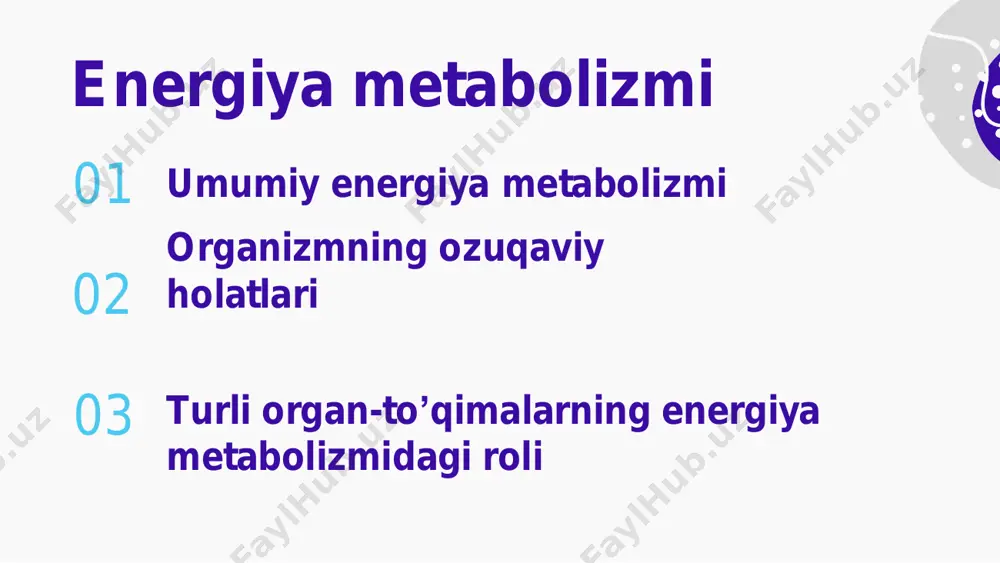 n sintezi uchun foydalaniladi • qonda lipidlar va keton tanachalar ↑ • muskul dastlab yogʻ kislota va keton tanachalardan energiya oladi, ocharchilik davom etsa faqat yogʻ kislotadan oladi. bu bosh miya uchun keton tanachalarini tejaydi • miya keton tanachalardan foydalanadi: 2/3 qism energiya keton tanachadan, 1/3 qism energiya glukozadan. bu glukozani tejaydi • eritrotsitlar faqat glukozadangina energiya oladi • energiya manbasining glukozadan keton tanachalari tomonga siljishi (yaʻni koʻproq ketondan foydalanish) glukoneogenezni va glukoneogenez borishi uchun zarur boʻlgan muskullardagi oqsillarni saqlaydi. oqsillar struktur vazifasini bajaradi • muskul → glukoza keton tanacha yogʻ kislota • miya → glukoza keton tanacha • eritrotsit → glukoza ocharchilik vaqtida organlarni energiya bilan taʻminlaydi • jigarda keton tanachalarining koʻp hosil boʻlishidan ketoatsidoz kelib chiqadi • ! yogʻ zaxirasi tugagach oqsillar parchalanishi kuchayib, organ yetishmovchiligi va oʻlimga olib keladi. zaxiralar miqdori yashovchanlik vaqtini belgilaydi toʻqlik va ochlik holatidagi energiya manbalari organ toʻqlik ochlik jigar glukoza va aminokislota …