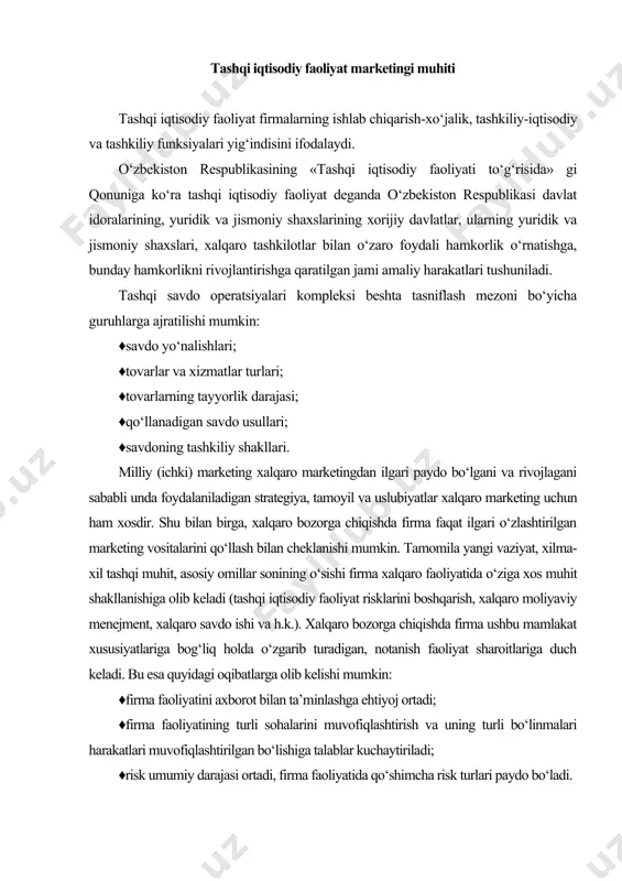 a o‘zgarib turadigan, notanish faoliyat sharoitlariga duch keladi. bu esa quyidagi oqibatlarga olib kelishi mumkin: ♦firma faoliyatini axborot bilan ta’minlashga ehtiyoj ortadi; ♦firma faoliyatining turli sohalarini muvofiqlashtirish va uning turli bo‘linmalari harakatlari muvofiqlashtirilgan bo‘lishiga talablar kuchaytiriladi; ♦risk umumiy darajasi ortadi, firma faoliyatida qo‘shimcha risk turlari paydo bo‘ladi. shunday qilib, xalqaro marketing tashqi bozorlarga chiqishda mustaqil faoliyat sohasini ifodalaydi. uni quyidagi tarzda ta’riflash mumkin. xalqaro marketing bu - bozor muhitiga ta’sir ko‘rsatish va uning sharoitlariga bittada nortiq mamlakatda faoliyat ko‘rsatadigan firmani moslashtirish bo‘yicha chora-tadbirlarni rejalashtirish, amalga oshirish, nazorat va tahlil qilish tizimi. xalqaro marketing qisqaroq va umumlashtirilgan tarzda o‘z mamlakati hududidan tashqarida firmaning tashqi iqtisodiy faoliyatni amalga oshirish bo‘yicha chora-tadbirlari kompleksi sifatida tavsiflash mumkin. xalqaro marketing, uning nazariyasi, uslubiyat va infratuzilmasi rivojlanishida nafaqat marketing faoliyati bilan shug‘ulanadigan firmalar, balki ixtisoslashgan xalqaro tashkilotlar ham faol rol o‘ynaydi. ularning orasida eng mashhur va ahamiyatga ega bo‘lganlar - yevropa jamoatchilik fikrini o‘rganish va marketing …