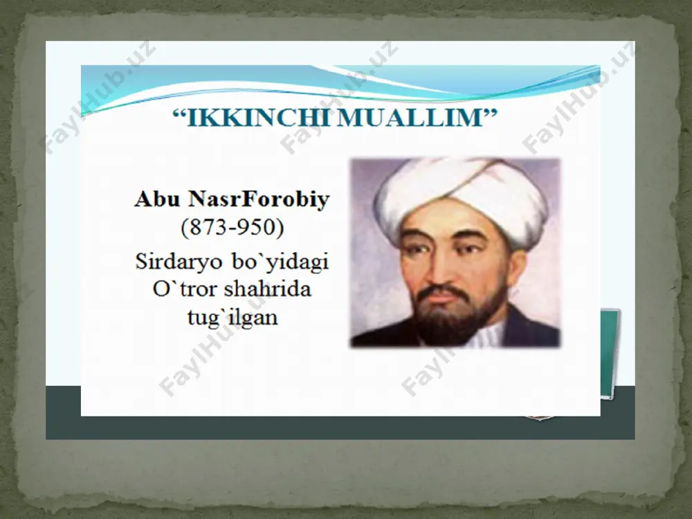 tga erishishning asosiy vositasi deb bildi. xulosa: shunday qilib, xudo va modda, yagona bir butunni tashkil etib, bir qator bosqichlar orqali bir-birlari bilan sababiy bog‘lanishdadirlar. o‘zlarining sababiy bog‘lanishlari tufayli ushbu ibtidolar ikki ko‘rinishga ajratiladilar: «vojibul vujud» - shunday narsaki, mavjudligi o‘zidan kelib chiqadi; «mumkinul vujud» - shunday narsaki, uning mavjudligi boshqa narsadan kelib chiqadi. «mumkinul vujud» o‘zining bor bo‘lishi uchun sababga ehtiyoj sezadi, va qachonki u paydo bo‘lsa, boshqa narsa tufayli, «vojibul vujud» ga aylanadi. forobiyning ibtidolar haqidagi ta’limoti shundan guvohlik beradiki, unga yangi aflotunchilikning emanatsiya nazariyasi ta’sir o‘tkazgan bo‘lib, u ilk islom e’tiqodidagilarning nuqtai nazarlaridan mohiyatan farq qiladi. foydalanilgan adabiyotlar: 1)risolalar, t., 1975; 2)filosofskiye traktati, almaata, 1972; 3)fozil odamlar shahri, t., 1993. 4)al farabi. nauchnoye naslediye. sbornik, m., 1975; 5)alikulov x. a., eticheskiye vozzreniya misliteley 6)sredney azii i xorasana, t., 1992; 7) https://uz.wikipedia.org/wiki/forobiy image3.png /docprops/thumbnail.jpeg