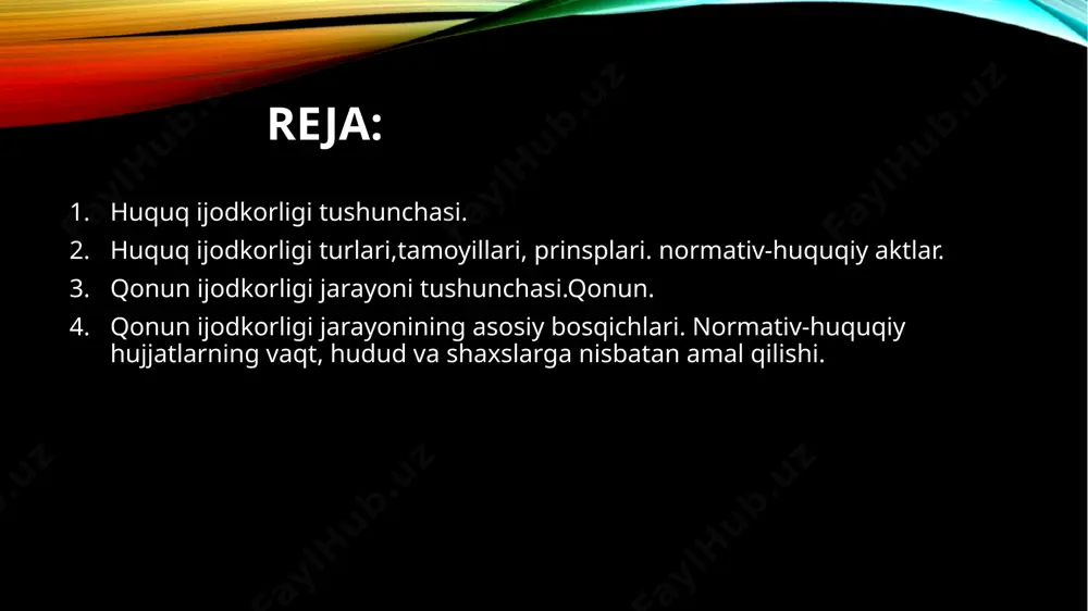 : -ilmiylik; -professionalizm; -qonuniylik; -demokratizm; -oshkoralik; -tezkorlik. huquq ijodkorligi turlari,tamoyillari, prinsplari. normativ-huquqiy aktlar. huquq ijodkorligi prinsplari. a) huquq ijodkorligini haqchilligi. huquq yaratishda har bir davlat o’z fuqarolari bilan mahkam bog’liq va uzviy aloqador bolish kerak. qonunni qabul qilishda xalq tomonida saylangan deputatlar qatnashadi. har bir qonun xalqning yaxshi hayot kechirishiga yordam berish kerak. huquq ijodkorligi turlari,tamoyillari, prinsplari. normativ-huquqiy aktlar. b)huquq ijodkorligining demokratligi. huquq ijodkorligining demokratligi huquqiy aktlarni qabul qilishda xususan qonun chiqarishda xalqni ishtirokini taminlashda namoyon boladi.demokratizm parlament va mahalliy xalq deputatlari kengashlari faoliyati jarayonida aks etadi.referendum qonun qabul qilishning demokratik shakli.demokratiyaga misol qilib muhim normativ huquqiy aktlarni loyihasini ommaviy axborot vositalarida elon qilish ham kiradi. huquq ijodkorligi turlari,tamoyillari, prinsplari. normativ-huquqiy aktlar. o’zbekiston respublikasida huquqni ifodalashning (bayon etishning)asosiy manbai,shakli normative – huquqiy aktlar hisoblanadi. normativ huquqiy akt deganda ,davlat vakolatli organlarining ijtimoiy munosabatlarni tartibga solishga qaratilgan umumiy majburiy tusdagi qoidalarni o’rnatuvchi , o’zgartiruvchi yoki bekor qiluvchi huquq ijodkorlik hujjat tushniladi. …