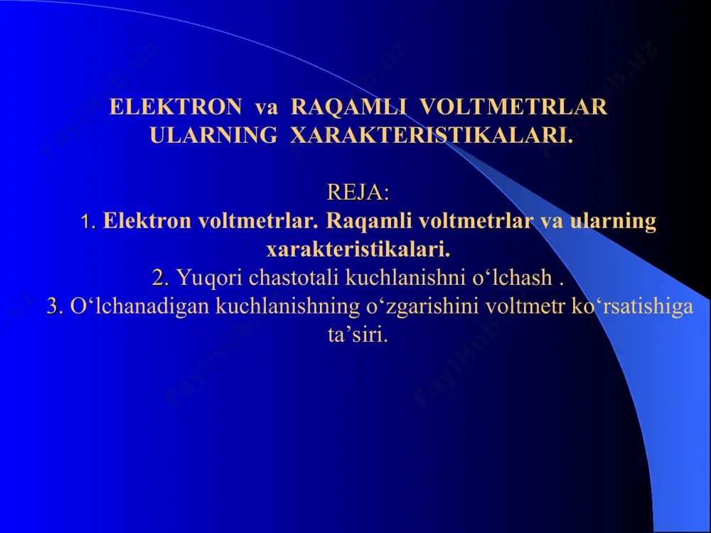 – analog – raqamli o‘zgartgich; rkq – raqamli kuzatish qurilmasi va bb – boshqarish bloki. vaqt bo‘yicha uzluksiz o‘zgaradigan “x(t)” analog signali kirishidagi analog o‘zgartkich ao‘ da keyingi o‘zgartirish uchun qulay formaga o‘zgartiriladi, so‘ngra analog – raqamli o‘zgartkich (aro‘) yordamida diskretlashtiriladi va kodlanadi va nihoyat, raqamli qayd etish qurilmasi rkq o‘lchanayotgan kattalik bo‘yicha kodlangan ma’lumotni raqamli qaydnoma tarzida, operatorga qulay formada ko‘rsatadi. raqamli o‘lchash qurilmasining asosiy qismi aro‘ hisoblanadi. unda ma’lumot diskretlashtiriladi, so‘ngra kvantlanib kodlanadi. diskretlashtirish bu muayyan diskret (juda qisqa) vaqt oralig‘ida qaydnomalarni olishdir. odatda diskretlash qadamini (t1-t2) doimiy qilishga harakat qilinadi. . kvantlash esa, x(t) kattaligining uzluksiz qiymatlarini xk diskret qiymatlarning to‘plami (nabori) bilan almashtirishdir. o‘lchanadigan kattalikning uzluksiz qiymatlari muayyan tartiblar asosida kvantlash darajalarining qiymatlari bilan almashtiriladi. kodlashtirish esa, muayyan ketma- ketlikda ifodalangan sonli qiymatlarni tavsiya etishdan iborat. raqamli o‘lchash qurilmalari ularning eng muhim xarakteristikalaridan biri aniqligi va tezkorligini belgilovchi o‘lchanadigan kattalikning turi va o‘zgarishi usuli bo‘yicha klassifikasiyalanadi. …