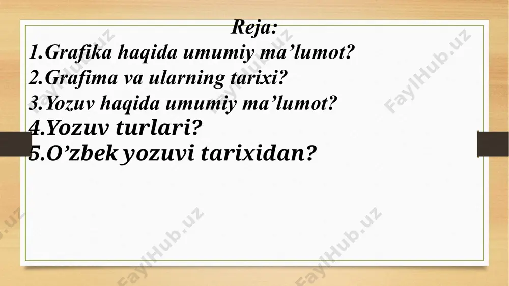 fbosida 26 ta belgi mavjud. ma‘noli qismlarni (morfemalarni) iodalovchi belgilar. masalan,defies (chiziqcha) raqamdan keyin qo‘llanganda tartib son takibidagi “-nchi” (“-inchi”) morfemasini ifodalaniladi – shu morfema defisning referenti bo‘ladi: 5-uy (beshinchi uy), 20-хona (yigirmanchi хona) kabi. biroq, qozon-tovoq, aka-uka kabi juft so‘zlarning yozuvdagi shakllarida defies morfografema emas, orfografik belgi vazifasida qatnashadi (juft so‘zlar orfogrammasiga tegishli bo‘lganligi uchun). simvollar ham o’z grafimasiga ega. simvollar - ilm-fanning ma'lum sohalarida qabul qilingan maxsus ideografik belgilar: a) matematik simvollar - √ (ildiz), - (oluv), + (qo‘shuv), x (ko‘paytiruv), : (bo‘luv), x (iks), x2 (iks kvadrat), ~ (davriylik, uzluksizlik), > (katta), < (kichik) va boshqalar; b) astronomik simvollar - ☼ (quyosh), c (oy), ♂ (mars), ♀ (merkuriy), ch(yupiter), o (venera, zuhra), ђ (saturn) va boshqalar; d) kimyoviy simvollar - o (oltin), c (kumush), o (mis), δ (qo‘rg‘oshin),♀ (simob), ♂ (temir) va boshqalar; e) botanik simvollar - a (androtsey, changchilar), o (bir yillik ¢simlik), o (ikki yillik …