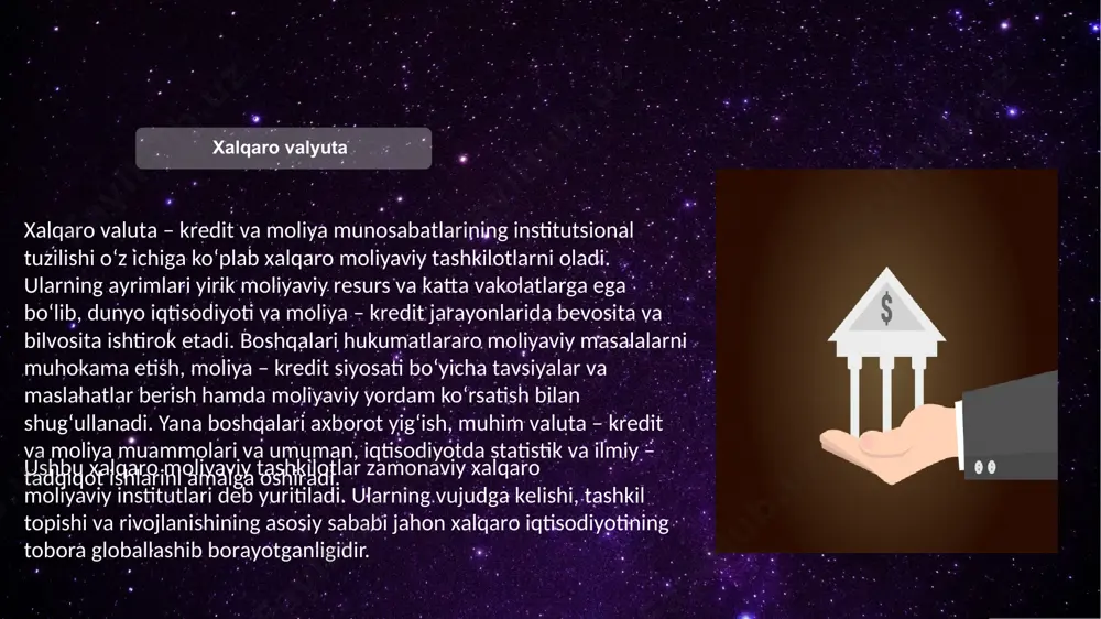 ni tashkil etishga yordam berish, shuningdek, valuta cheklovlariga barham berish. a’zo – mamlakatlar to‘lov balansidagi salbiy qoldiqni bartaraf etish maqsadida kreditlar berish; xvjning asosiy maqsadi quyidagilardan iborat: a’zo – mamlakatlarda ishlab chiqarishni rivojlantirish, bandlilikning yuqori darajasini ta’minlash va aholining real daromadini oshirish maqsadida «xalqaro savdoni kengaytirish va uning muvozanatligini ta’minlashga yordam berish»; jahon banki (jb) bmt tarkibidagi ixtisoslashgan moliyaviy muassasa hisoblanadi. jahon banki xalqaro tiklanish va taraqqiyot banki (xttb) va uning bo‘limi hisoblangan xalqaro rivojlanish assotsiatsiyasi (xra), xalqaro moliya korporatsiyasi (xmk), investitsiyalarni har tomonlama kafolatlash agentligi (ixka) va investitsion munozaralarni tartibga solish bo‘yicha xalqaro markazi (imxm) kabi moliyaviy tashkilotlarni o‘z tarkibiga oladi. jb tarkibidagi birinchi uchta moliyaviy tashkilot dunyo rivojlanish bankining vazifalarini bajaradi, keyingi ikkitasi esa rivojlanayotgan vaiqtisodiyoti o‘tish jarayonini boshidan kechirayotgan mamlakatlargainvestitsiya oqimlarini rag‘batlantirish bilan shug‘ullanadi. jahon banki xalqaro tiklanish va taraqqiyot banki xalqaro tiklanish va taraqqiyot banki guruh tarkibida bosh tashkilot sifatida xalqaro valuta jamg‘armasi bilan birgalikda bretton …