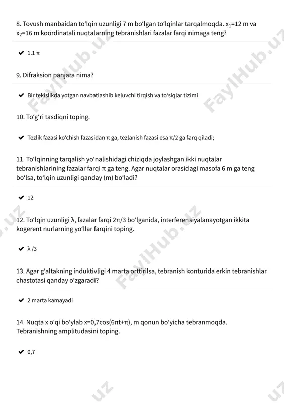 ?  2 marta kamayadi 14. nuqta x o‘qi bo‘ylab x=0,7cos(6πt+π), m qonun bo‘yicha tebranmoqda. tebranishning amplitudasini toping.  0,7 15. nuqta x o‘qi bo‘ylab x=0,1cos(20πt+π), m qonun bo‘yicha tebranmoqda. tebranishning maksimal tezlanishini toping.  40 16. foton nima?  elektromagnit maydon kvanti 17. agar g‘altakning induktivligi 4 marta orttirilsa, tebranish konturida erkin tebranishlar davri qanday o‘zgaradi?  2 marta ortadi 18. agar elektromagnit to‘lqinining birinchi va to‘rtinchi do‘ngliklari orasidagi masofa 50 m bo‘lsa, to‘lqin uzunligini aniqlang.  16 m 19. inteferometrlar qaysi hodisaga asoslanib ishlaydi?  difraksion xodisasi 20. agar yukning massasi 3 marta oshirilsa, matematik mayatnikning xususiy tebranishlar davri qanday o‘zgaradi?  o‘zgarmaydi 21. agar elektromagnit to‘lqinining uchunchi va to‘rtinchi do‘ngliklari orasidagi masofa 30 m bo‘lsa, to‘lqin uzunligini aniqlang.  30 m 22. agar elektromagnit to‘lqinining birinchi va beshinchi do‘ngliklari orasidagi masofa 30 m bo‘lsa, to‘lqin uzunligini aniqlang.  7.5 m 23. agar g‘altakning induktivligi 9 marta orttirilsa, …