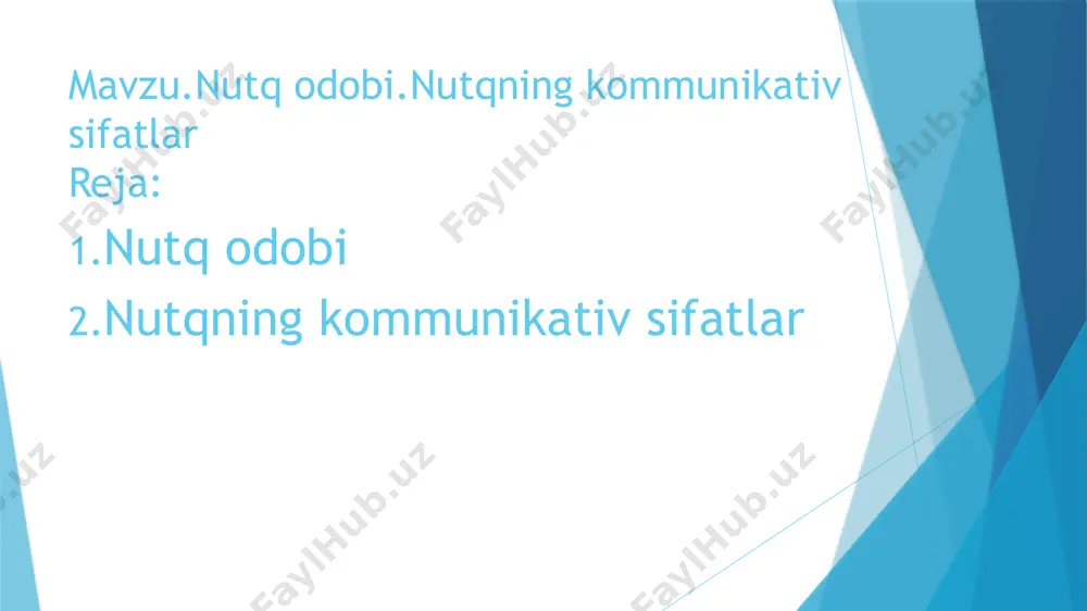 alonchiyev deyishlar kam eshitiladigan bo‘ldi. muhtaram, hurmatli, birodar so‘zlari faollashdi. bu holatlar yana asta-sekinlik bilan muloqot jarayonida sharqona urf-odatlarga qaytish istagining ustunlik qilayotganligidan dalolat beradi nutqning quyidagi kommunikativ sifatlari mavjud: nutqning to‘g‘riligi; nutqning aniqligi; nutqning tozaligi; nutqning ta’sirchanligi; nutqning boyligi va rang-barangligi; nutqning qisqaligi; nutqning ifodaliligi; nutqning maqsadga muvofiqligi; nutqning mantiqiyligi. nutqning to‘g‘riligi nutqning to‘g‘ri bo‘lishi, eng avvalo, uning adabiy til me’yorlariga muvofiq kelishidir. u asosan ikki normaga - urg‘u va grammatik normaga qat’iy amal qilishni talab qiladi. urg‘uning to‘g‘ri qo‘yilishi fikrning to‘g‘ri tushunilishi bilan bog‘liq. bu - so‘z urg‘usiga ham, mantiqiy urg‘uga ham aloqador fikr. (qiyos: onasiz / bola o‘ynamas. onasiz bola / o‘ynamas.) grammatik normalarga rioya qilish deganda gap tuzish qoidalaridan to‘g‘ri foydalanish, o‘zak va qo‘shimchalar o‘rtasidagi bog‘lanishning tabiiyligi, ega-kesim mosligi, ikkinchi darajali bo‘laklarning ularga bog‘lanish qonuniyatlari kabilarni e’tiborga olish kerak bo‘ladi. (-ni/-ning, -ga/-da, -li/-lik va b.) nutqning aniqligi «nutq – voqelik» va «nutq – tafakkur» munosabati asosida …