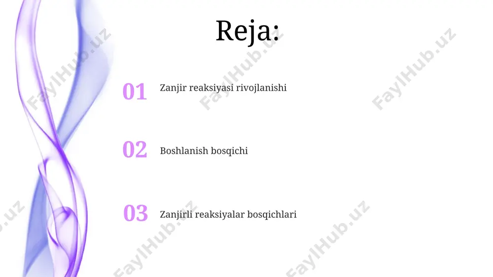ganilgan. katalizatorlarning roli germaniyada ishlab chiqarilgan zeolitlar kabi gözenekli katalizatorlar selektiv reaksiyalarni ta'minlab, ma'lum bir mahsulotning hosil bo'lishini 90% ga oshiradi. palladiy kabi katalizatorlar vodorod gazining gidrogenatsiya reaksiyalarida, masalan, 300°c da yog'larni qattiqlashtirishda muhim rol o'ynaydi. boshlanish bosqichi boshlanish bosqichi uchun zarur bo'lgan faollashtiruvchi energiya manbai turlicha bo'lishi mumkin: nurlanish (masalan, 254 nm to'lqin uzunligi), yuqori harorat yoki boshqa kimyoviy reaksiyalar, bu reaksiyalar london shahridagi olimlar tomonidan batafsil o'rganilgan. ushbu bosqichda, 1-3 molekula orasidagi reaksiyalar natijasida faol radikallar hosil bo'ladi, bu esa zanjir reaksiyasining keyingi bosqichlari uchun asos bo'ladi, bu jarayonlarni moskva shahridagi ilmiy markazlar tahlil qilgan. to'xtash bosqichi to'xtash bosqichining davomiyligi reaksiya ishtirokchilari konsentratsiyasi va reaksiya harorati kabi omillarga bog'liq bo'lib, 25°c da 10 -5 mol/l dan past konsentratsiyalarda to'xtash kuzatiladi. to'xtash bosqichi reaksiya mexanizmidagi 2-3 ta bosqichning o'zaro bog'liqligidan kelib chiqishi mumkin, bu esa reaksiya jarayonining o'zbekiston kimyo-texnologiya institutida o'rganilgan murakkabligi bilan bog'liq. e'tiboringiz uchun rahmat @taqdimot_robot image4.jpg …