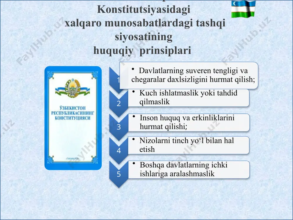 bablari bi­lan ham kurashish; o‘zbekiston hech qanday blokka qo‘shilmaslik maqomini saqlab qolgan holda, ochiq muloqotga tayyor ekani, barcha sheriklari bilan tinchlik, taraqqiyot va farovonlik yo‘lida hamkorlikni kengaytirishdan manfaatdorligi. hozirgi kunda o‘zbekiston rahbariyati va bmt rahbarlarining sa’y-harakatlari natijasida o‘zbekistonda bmt taraqqiyot dasturi (bmt td), aholishunoslik jamg‘armasi (yunfpa), bolalar jamg‘armasi (yunisef), jahon sog‘liqni saqlash tashkiloti (jsst), ta’lim, fan va madaniyat masalalari bo‘yicha tashkiloti (yunesko), narkotiklar va jinoyatchilik bo‘yicha boshqarmasi (njb), oiv/oits bo‘yicha birlashgan dasturi (yuneyds), gender tengligi hamda ayollar huquq va imkoniyatlarini kengaytirish masalalari bo‘yicha tuzilmasi (bmt - ayollar), markaziy osiyoda preventiv diplomatiya mintaqaviy markazi, xalqaro mehnat tashkiloti (xmt), bmtning oziq-ovqat va qishloq xo‘jaligi tashkiloti hamda bmt td rahbarligi ostida bmt ko‘ngillilar dasturi vakolatxonalari tashkil topgan. tashkilot faoliyatiga, shuningdek, mamlakatda vakolatxonalari bo‘lmagan agentliklar, jumladan, bmtning sanoatni rivojlantirish tashkiloti, atrof-muhitni muhofaza qilish dasturi va bmtning evropa iqtisodiy komissiyasi ko‘mak bermoqda. jahon banki ham mustaqil ixtisoslashgan muassasa sifatida bmt­ning o‘zbekistondagi faoliyatiga muhim hissa qo‘shib …