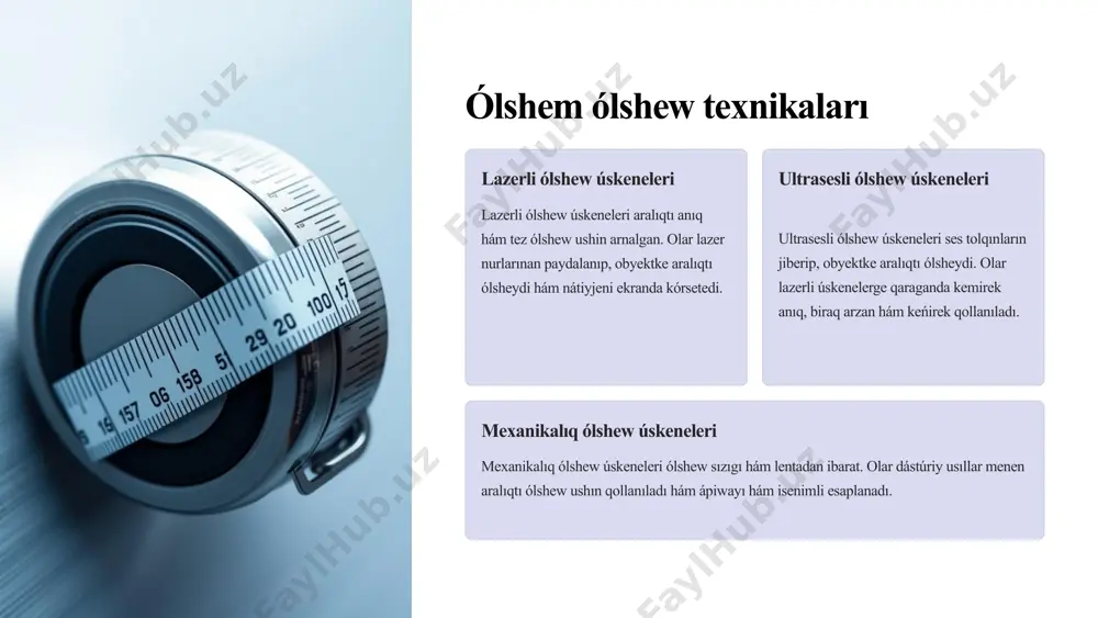 arı anıqlıq zamanagóy ólshew texnikaları joqarı anıqlıqqa ie. bul temir jol infrastrukturasınıń qáwipsizligin támiyinlew ushın oǵada áhmietli. tezlik ólshew texnikaları ólshew procesin tezlestiredi. bul waqıt hám qárejetlerdi únemlewge járdem beredi. nátiyjelilik ólshew texnikaları temir jol sistemasınıń nátiyjeliligin arttırıwǵa járdem beredi. qáwipsizlik ólshew texnikaları temir jol qáwipsizligin támiyinlewge járdem beredi. 8 temir jolda ólshem ólshewge baylanıslı mashqalalar 1 hawa rayı sharayatı jawın, qar, duman hám basqa hawa-rayı sharayatları ólshew procesine unamsız tásir kórsetiwi múmkin. 2 signal shawqımları elektromagnit signal shawqımları ólshew úskeneleriniń islewine kesentlik etiwi múmkin. 3 tosqınlıqlar ólshew maydanında tosıqlardıń bolıwı ólshew procesin qıyınlastırıwı múmkin. 4 qáteler ólshew procesinde qátelikler júz beriwi múmkin. bul qátelerdi kemeytiw ushin ólshew úskenelerin turaqlı tekserip turiw kerek. 9 keleshekte ólshem ólshew texnikasınıń rawajlanıwı 1 jasalma intellekt keleshekte jasalma intellekt texnologiyaları ólshew procesin avtomatlastırıw hám nátiyjeliligin arttırıwda áhmietli rol atqaradı. 2 3d skanerlew 3d skanerlew texnologiyası ólshewdi tez hám anıq ámelge asırıw imkaniyatın beredi. 3 …