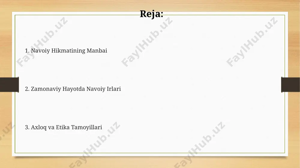 5-asrning ikkinchi yarmida hirot shahrida shakllangan bo'lib, 50 dan ortiq asarlarini yaratish orqali insoniyatning ezgulik va adolatga bo'lgan intilishini aks ettiradi. uning falsafiy qarashlari, "xamsa" dostonlari, "majolis un-nafois" kabi asarlarida 4 ta asosiy tamoyilga asoslangan: adolat, mehr-oqibat, bilim va ijodkorlik. ijtimoiy adolat va tenglik "farhod va shirin" dostonida 20 dan ziyod misolda ijtimoiy tabaqalanishning adolatsizliklari tasvirlanib, navoiyning tenglikka bo'lgan intilishi ko'rsatiladi. navoiyning "xamsa"si, xususan "layli va majnun" dostonida 70 dan ortiq bayt adolat va tenglik masalalariga bag'ishlangan bo'lib, herat shahri aholisining ijtimoiy hayotini aks ettiradi. amir temur davri (14-asr) ijtimoiy tuzumini tanqid qilib, navoiyning asarlarida 10 dan ortiq qahramon adolatsizlikka qarshi kurash olib boradi va teng huquq uchun kurashadi. halollik va rostgo'ylik "halollik va rostgoʻylik" gʻoyasi navoiy asarlarida 15-asr oʻrta osiyo jamiyatining ijtimoiy-axloqiy muammolarini aks ettiradi va 30 dan ziyod sheʼriy misrada ifodalanadi. navoiyning "xamsa"sida 5 ta doston orqali halollik va rostgoʻylikka oid 20 dan ortiq hikoya va misol keltirilgan …