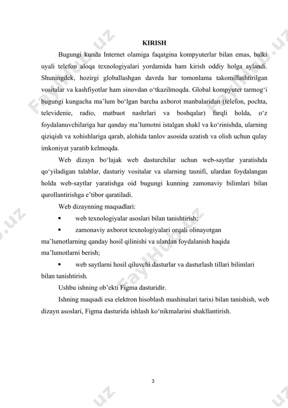 n bo‘lgan qayta foydalanish mumkin bo‘lgan dizayn elementlarini yaratishga imkon beradi. bundan tashqari, figmaning avtomatik joylashtirish xususiyati turli ekran o‘lchamlariga avtomatik ravishda moslashtiriladigan sezgir dizaynlarni yaratishni osonlashtiradi. figmaning afzalliklari: · platformalararo muvofiqlik: figma bulutga asoslangan vosita boʻlib, unga istalgan veb-brauzerdan kirish mumkin. u mac va boshqa kompyuterlarda ishlaydi, shuningdek, ios va android uchun mobil ilovalar ham mavjud. ushbu platformalararo muvofiqlik jamoalarga, ularning qurilmasi yoki operatsion tizimidan qat’i nazar, dizaynlar ustida hamkorlik qilishni osonlashtiradi. · masshtablilik: figmaning bulutga asoslangan infratuzilmasi uni kerak bo‘lganda kattalashtirish yoki kamaytirishni osonlashtiradi. u yirik dizayn loyihalarini osonlik bilan hal qila oladi va uning hamkorlik xususiyatlari jamoalarga murakkab loyihalarda birgalikda ishlashni osonlashtiradi. · tejamkorlik: figma - bu dizayn guruhlari uchun tejamkor variant bo‘lib, turli ehtiyojlarga mos keladigan narx rejalari qatoriga ega. bu qimmatbaho dizayn dasturiy ta'minoti litsenziyalari va apparat ta'minotini yangilash zaruratini yo‘q qiladi, chunki hamma narsa bulutda joylashgan. · hamjamiyatni qo‘llab-quvvatlash: figma resurslari, shablonlari va o‘quv …