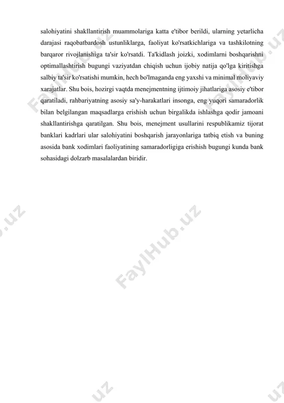 at sohasidagi asosiy vazifalari quyidagilardir: bankning moliyaviy barqarorligini va ishonchliligini oshirish imkonini beruvchi raqobatbardoshlik, turli-tumanlik va bank xizmatlarining yuqori darajasini ta'minlash. asosiy printsipni amalga oshirish - mijozlarni qondirish uchun faoliyatning sifatini oshirish - bank quyidagi ustuvor yo'nalishlarni qabul qiladi: iso 9001: 2021 sifat menejmenti tizimining talablariga javob beradigan sifat menejmenti tizimini yaratish va uzluksiz takomillashtirish. talablar "; · bank xizmatlari sifatini yaxshilashga ta'sir ko'rsatuvchi tashkiliy va texnologik jarayonlarni takomillashtirish; · bank xodimlarining yuqori darajadagi professionalligini ta'minlash; · barcha bank xodimlari o'rtasida vakolatlarni, funktsional majburiyatlarni va majburiyatlarni aniq va aniq taqsimlashning noaniqligini bartaraf etish; · xodimlarning ish sifati va samaradorligini oshirishga, yuqori darajadagi mehnat va ijro intizomini ta'minlashga, barcha bank xodimlarini sifat menejmenti tizimini yaratish va rivojlantirishga jalb qilish uchun rag'batlantiruvchi shart-sharoitlar yaratish; · bankda qulay korporativ muhitni shakllantirish, shuningdek tashqi manfaatdor tomonlar bilan munosabatlarni shakllantirish; · qaror qabul qilish jarayonida samaradorlik, moslashuvchan foiz va tarif siyosati, mijozlarga xizmat ko'rsatishning individual …