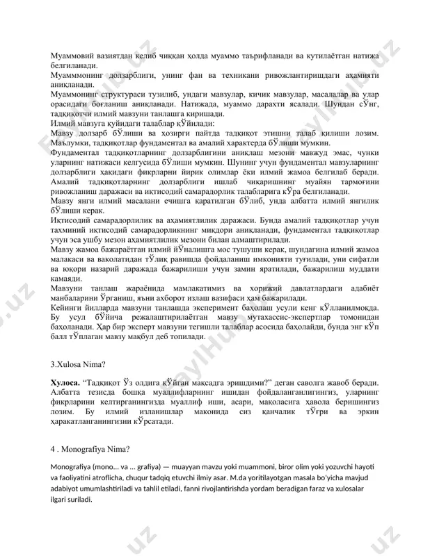 ган янги билимлар орасида зиддият пайдо бўлганда вужудга келади, яъни у муаммовий вазиятнинг натижасидир. комплекс муаммолар деб, бир илмий йўналишдаги бир қанча йирик масалаларни ўз ичига олувчи муаммолар мажмуасига айтилади. илмий мавзу деб, тадқиқот этишни талаб қилувчи муаммоларнинг муайян соҳасини қамраб олувчи илмий масалага айтилади. у муаммонинг аниқ бир соҳасига қарашли анча майда илмий масалларга асосланади, унда қўйилган масалани хал этишда муайян тадқиқот вазифаси ечилади. масалан, янги материални ёки янги конструкцияни яратиш, аниқ маҳсулот ишлаб чиқариш учун илғор технологияни ишлаб чиқиш ва ҳакозо. илмий муаммо ва мавзуни танлаш мураккаб масаладир. у бир нечта босқичда ўз ечимини топади. муаммовий вазиятдан келиб чиққан ҳолда муаммо таърифланади ва кутилаётган натижа белгиланади. муамммонинг долзарблиги, унинг фан ва техникани ривожлантиришдаги аҳамияти аниқланади. муаммонинг структураси тузилиб, ундаги мавзулар, кичик мавзулар, масалалар ва улар орасидаги боғланиш аниқланади. натижада, муаммо дарахти ясалади. шундан сўнг, тадқиқотчи илмий мавзуни танлашга киришади. илмий мавзуга қуйидаги талаблар қўйилади: мавзу долзарб бўлиши ва …
