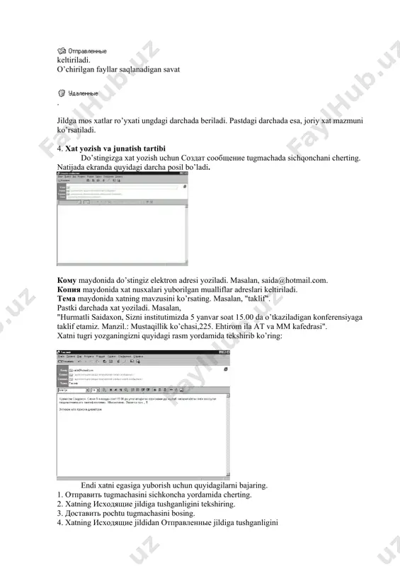 azkur interfeys opera webbrauzerida quyidagi ko‘rinishda aks etadi: internetdan qanday axborotni izlashni aniq bilish lozim. u biror mavzu bo‘yicha maqola, o‘yin dasturi, kompyuter qurilmalari drayveri va hokazo bo‘lishi mumkin. milliy qidiruv tizimi qidiruv tizimi katalogidagi hamda foydalanuvchi tomonidan qidiruv tizimi katalogiga qo‘shilgan saytlar ichidagi ma’lumotlarni uning nomi va tavsifi bo‘yicha izlash imkonini beradi. hozirgi kunda dunyo bo‘yicha foydalanuvchilar orasida mashhurlaridan biri google qidiruv tizimi bo‘lib, u juda ko‘p tillarda izlash imkonini beradi. bu qidiruv tizimining qidiruv satriga «webbrauzerlar» kalit so‘zi kiritilsa, quyidagi ko‘rinishda izlash natijalari aks etadi: ba’zi qidiruv tizimlari izlash vaqtini kamaytirish uchun kerakli axborotni mavzu bo‘yicha izlash imkoniyatini beradi. mavzular nomi turlicha bo‘lishi mumkin. tavsiya etilgan mazvu tanlangach, qidiruv satrida berilgan axborot internetning faqat tanlangan bo‘limga tegishli xujjatlari ichidan izlanadi. image4.png image5.png image6.png image7.png image8.png image9.png image10.png image11.jpeg image12.jpeg image13.jpeg image14.jpeg image15.emf image16.jpeg image17.jpeg image18.png image19.emf image20.png image21.jpeg image1.png image2.png image3.png