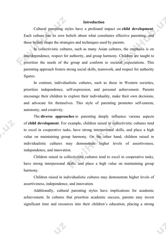 lf-expression, and personal achievement. parents encourage their children to explore their individuality, make their own decisions, and advocate for themselves. this style of parenting promotes self-esteem, autonomy, and creativity. the diverse approaches to parenting deeply influence various aspects of child development. for example, children raised in collectivistic cultures tend to excel in cooperative tasks, have strong interpersonal skills, and place a high value on maintaining group harmony. on the other hand, children raised in individualistic cultures may demonstrate higher levels of assertiveness, independence, and innovation. children raised in collectivistic cultures tend to excel in cooperative tasks, have strong interpersonal skills, and place a high value on maintaining group harmony. children raised in individualistic cultures may demonstrate higher levels of assertiveness, independence, and innovation. additionally, cultural parenting styles have implications for academic achievement. in cultures that prioritize academic success, parents may invest significant time and resources into their children’s education, placing …
