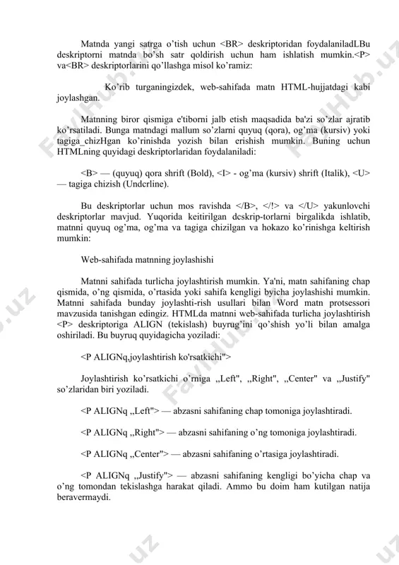 turlicha joylashtirish deskriptoriga align (tekislash) buyrug’ini qo’shish yo’li bilan amalga oshiriladi. bu buyruq quyidagicha yoziladi: joylashtirish ko’rsatkichi o’rniga ,,left", ,,right", ,,center" va ,,justify" so’zlaridan biri yoziladi. — abzasni sahifaning chap tomoniga joylashtiradi. — abzasni sahifaning o’ng tomoniga joylashtiradi. — abzasni sahifaning o’rtasiga joylashtiradi. — abzasni sahifaning kengligi bo’yicha chap va o’ng tomondan tekislashga harakat qiladi. ammo bu doim ham kutilgan natija beravermaydi. kiritilgan matn bilan uning brauzerda ko’rinishi biroz farq-lanadi. buning sababi shundaki, odatda web-brauzerlar ortiqcha bo’sh joylar (probellar)ni inkor qiladi (tashlab yuboradi). ba'zan, matn qanday kiritilsa, web-sahifada ham shunday joylashishi zarur bo’ladi. masalan, web-sahifaga she'r joylashtirish yoki oddiy belgilar yordamida rasm chizish kerak bo’lsa, matnni formatlashni brauzerga topshirib bo’lmaydi. bunday hollarda htmlning deskriptoridan foydalaniladi. bu deskriptor yordamida matn web-sahifaga html-hujjatda qanday kiritilgan bo’lsa, web-sahifada grafika web-sahifani ,,jonlantirish"ning eng samarali usuli — unga turli rasmlar joylashtirishdir. faqat matndan iborat web-sahifa ma'lumotga boy bo’lishi mumkin, lekin zerikarli bo’ladi. ammo web-sahifaga haddan …