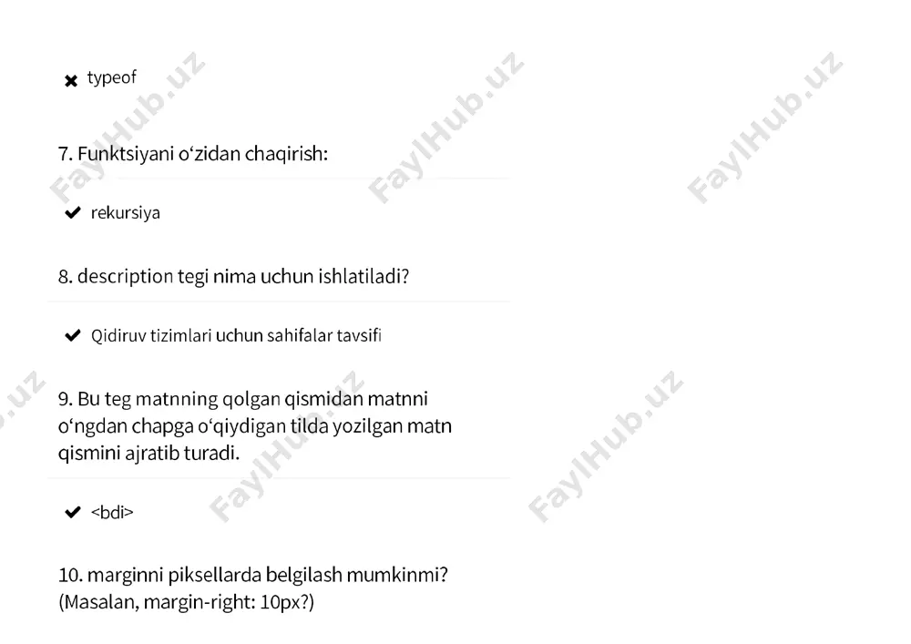 kranda nomni koʻrsatishdir ("ism" oʻzgaruvchisi). 1. internet birinchi navbatda kimlar uchun yaratilgan? harbiylar uchun 1. php da skriptlar, yoʻllar, sarlavhalar joylashuvi haqidagi ma'lumotlarni oʻz ichiga olgan superglobal oʻzgaruvchi: $_server 1. bu teg audio kontentni veb-sahifaga yuklaydi. 1. padding xususiyatlarini foiz sifatida oʻrnatayotganda, bu foizlar nimaga nisbatan? elementning oʻzi kengligi 1. div[title = bar][data-test] atributida selektorni belgilash mumkinmi ? ha 1. shrift oʻlchamini oʻrnatish uchun css foydalanadigan birliklarni oʻz ichiga olgan roʻyxat oynasini tanlang . em, px 1. u tufayli arxitektura tarmoqlarini birlashtirish mumkin boʻldi? ip 1. "time.inc" faylini qanday qilib toʻgʻri kiritish kerak? 1. php-dagi asosiy ma'lumotlar turlarini sanab oʻting: mantiqiy, butun, float, satr, massiv, ob'ekt, null 1. tegidagi atamani tasvirlash uchun ishlatiladi 1. jadval katakchalarini vertikal ravishda birlashtirish uchun qanday atribut ishlatiladi? rowspan 1. css imkoniyatlari? turli muhitlar, qurilmalar uchun ma'lumotlar taqdimotini boshqarish va kontentning vizual taqdimotini boshqarish 1. qaysi xususiyat chegara uchun fon tasvirini belgilash imkonini beradi? border-image …