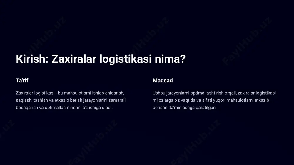 hqarish etkazib berish jadvallarini nazorat qilish, kechikishlarni minimallashtirish va o'z vaqtida etkazib berishni ta'minlash. sifatni nazorat qilish yetkazib berilgan xomashyo va materiallar sifati nazoratini amalga oshirish va nuqsonli mahsulotlarni qaytarish. ombor boshqaruvi 1 ombor xonasi tanlovi bozorga yaqinlik, transport infratuzilmasi va saqlash imkoniyatlarini hisobga olish. 2 ombor xonasi tartibi zaxiralarni samarali saqlash uchun optimal joylashuvni va tartibni yaratish. 3 inventarizatsiya tizimi zaxiralarni hisobga olish, ularni boshqarish va inventarizatsiya jarayonlarini optimallashtirish. 4 xavfsizlik choralarini amalga oshirish zaxiralarni o'g'irlikdan, buzilishdan va boshqa xavflarga qarshi himoya qilish. inventarizatsiya va nazorat inventarizatsiya turlari doimiy inventarizatsiya, davriy inventarizatsiya va to'liq inventarizatsiya. inventarizatsiya usullari qo'lda hisoblash, skanerlash va avtomatlashtirilgan tizimlar. inventarizatsiya natijalarini tahlil qilish zaxiralarni boshqarish samaradorligini tahlil qilish va kerakli o'zgarishlarni amalga oshirish. nazarat qilish tizimlari inventarizatsiya jarayonini nazorat qilish, xatolarni minimallashtirish va xavfsizlikni ta'minlash. mahsulotlarni sotish va etkazib berish buyurtmalarni qabul qilish mijozlar buyurtmalarini qabul qilish va ularni qayta ishlash. paketlash va yuborish mahsulotlarni …