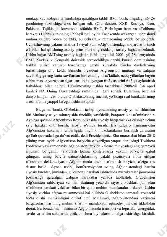 ezidenti i.a.karimov «orol dengizining qurishi bilan bog‘liq ekologik fojia, butun yer yuzini qamrab oladigan biosfera, o‘nlab million kishilarning hayot sharoitlari, salomatligi, nasliga halokatli ta’sir ko‘rsatuvchi global muammo» ekanligini ko‘rsatib, bugungi kunda bmtning tashkilotchilik faoliyatisiz bu muammoni hal etish mumkin emasligini ham asoslab berdi. bunday muammolar prezidentimizning fundamental asari «o‘zbekiston xxi asr bo‘sag‘asida: xavfsizlikka tahdid, barqarorlik shartlari va taraqqiyot kafolatlari” kitobida batafsil nazariy va amaliy jihatdan asoslab berildi. asarda dunyoda barqarorlik va jo‘g‘rofiy-siyosiy muvozanat saqlanib qolgan sharoitdagina har qanday mintaqada rivojlanish kuchli bo‘lishi asoslab o‘tildi. o‘zbekiston rahbarining yuksak minbardan turib kiritgan xalqaro miqyosda manfaatli bo‘lgan takliflari jahon hamjamiyati tomonidan qo‘llab-quvvatlandi va shunga asoslanib 1995-yil 16-sentabrda toshkentda bmtning markaziy osiyoda xavfsizlik va hamkorlik masalalariga bag‘ishlangan seminar-kengashi ish boshladi. dunyoning ko‘p davlatlari ishtirok etgan bu seminarda o‘zbekiston rahbarining so‘zlagan nutqi bosh hujjat sifatida qabul qilindi. i.a.karimov bu uchrashuvning «tinchlik, barqarorlik, hamkorlik» shiori ostida o‘tayotganini mamnuniyat bilan izhor qilib, bu uchrashuv mintaqaviy barqarorlikni ta’minlashda …