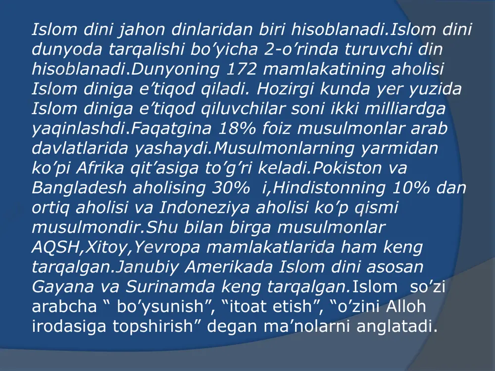 alat hukmlarini bayon etib,o’sha zamonning payg’ambarlariga yuborilgan vahiylar alloh taoloning kitoblari,ya’ni muqaddas kitoblardir.alloh taolo payg’ambrlarga 100 sahifa va 4 ta kitob yuborgan. 5.oxirat-bu dunyoda alloh taoloning o’zidan va u xohlaganidan boshqa hech narsa qolmaydigan kundir.uning qachon bo’lishini alloh taolodan boshqa hech kim bilmaydi. 6 .taqdir- alloh taolo tomonidan bo’lgan va bo’ladigan yaxshi,yomon ishlarning qayshi zamonda, qaysi joyda, qay ravishda bo’lmog’ini hamda o’z ilmi azaliysi bilan bo’lmasdan turib oldindan belgilab qo’yilishidir. 7.alloh taoloning qudrati bilan o’lgan bandalar qayta tiriladilar,so’ngra alloh taoloning tayin qilgan yeriga borib yig’iladilar.yig’iladigan joyning nomi ”mahshar yeri”, kun esa “qiyomat kuni” deb ataladi. 10 islom dini 5 ustunga ega. kalima keltirish ro’za tutish haj safari zakot berish namoz o’qish 1.kalimayi shahodat- allohdan o’zga iloh yo’qligiga va muhammad (s.a.v) uning bandasi va payg’ambar ekanligiga shohidlik beraman demoqlikdir.u arab tilida shunday deyiladi:”ashhadu an lo ilaha illallohu va ashhadu anna muhammadan abduhu va rasuluh”. 2.namoz o’zini musulmomnan deb hisoblaydigan har bir …