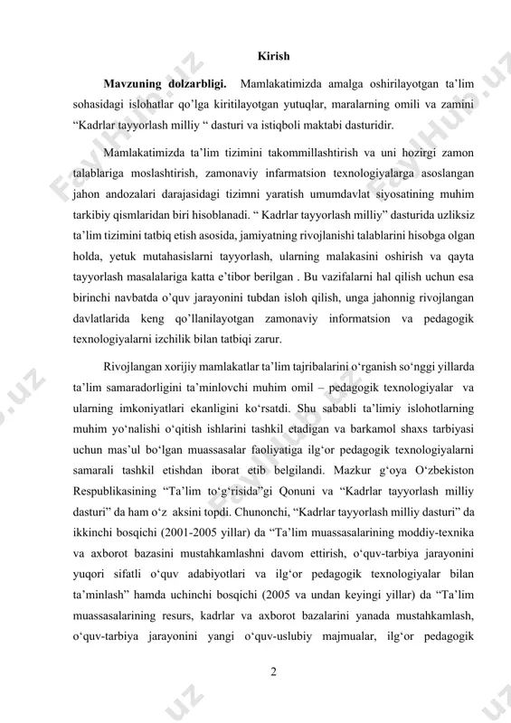 axborot bazasini mustahkamlashni davom ettirish, o‘quv-tarbiya jarayonini yuqori sifatli o‘quv adabiyotlari va ilg‘or pedagogik texnologiyalar bilan ta’minlash” hamda uchinchi bosqichi (2005 va undan keyingi yillar) da “ta’lim muassasalarining resurs, kadrlar va axborot bazalarini yanada mustahkamlash, o‘quv-tarbiya jarayonini yangi o‘quv-uslubiy majmualar, ilg‘or pedagogik texnologiyalar bilan to‘liq ta’minlash” kabi muhim ijtimoiy-pedagogik ahamiyatga ega vazifalarni ijobiy hal etish zarurligiga alohida urg‘u beriladi. respublikada uzluksiz ta’lim tizimi mazmunini belgilab beruvchi muhim me’yoriy hujjatlarda alohida qayd etilganidek, ta’lim jarayonini ilg‘or pedagogik texnologiyalar yordamida tashkil etish ijtimoiy maqsad – komil inson va malakali mutaxassisni tarbiyalashda yuqori natijalarga erishishni kafolatlaydi. mazkur g‘oyaga tayangan holda mustaqillikdan keyingi yillarda o‘zbekiston respublikasida ham pedagogik texnologiya nazariyasi va unda ilgari surilgan g‘oyalarni o‘rganishga bo‘lgan qiziqish yuzaga keldi, keng ko‘lamli tadqiqotlar olib borildi va bunday harakatlarning samarasi sifatida ilmiy risolalar, o‘quv va metodik qo‘llanmalar yaratildi, uzluksiz ta’lim tizimining turli bosqichlarida faoliyat ko‘rsatayotgan ta’lim muassasalarining pedagoglari mazkur nazariya asoslari to‘g‘risidagi nazariy bilimlarga ega …