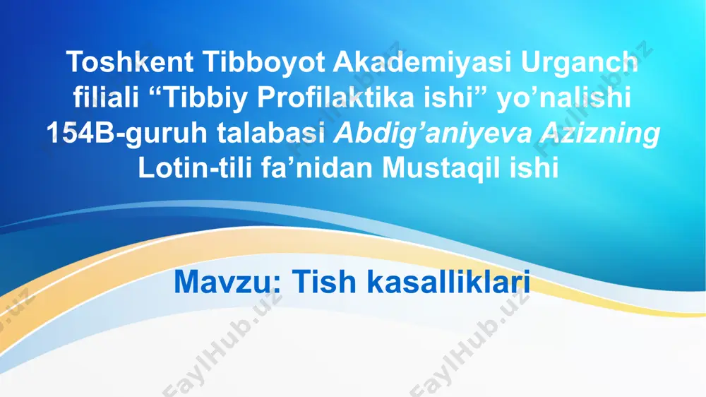 ur kariesni davolasda karies kovagining mikroflorasini zararsizlantirish pulpaning yallig’lanishini oldini olish maqsadida davolovchi malham qo’yiladi. e’tiboringiz uchun raxmat image3.png image1.jpeg image4.png image5.png image6.png image7.png image8.png image9.png image2.jpeg /docprops/thumbnail.jpeg