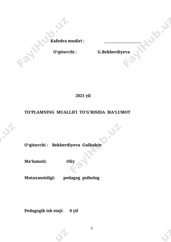 di, yozib oladi. ii asosiy bosqich (50 daq) tayanch bilimlar faollashtirish. 2.1. o`quvchilar fikrlarini bilish maqsadida mavzu bo`yicha stol o`rtasiga ruchka qo`yish metodi o`tkazadi(2-ilova). yangi o`quv materialiga kirish 2.2. mavzuni har bir rejasini tushuntiradi va asosiy nazariy tushunchalarni bayon qiladi. 2.3. o`quvchilarni mustaqil fikrlashga jalb qilish uchun blits savollar o`tkazadi(3-ilova) 2.4. mavzuni mustahkamlash uchun o`z-o`zini tekshiruvchi savollar beradi. kichik guruhlarga bo`lingan holda o`z fikrlarini bera oladilar. o`z fikrlarini ayta oladilar va daftarga yozib boradilar. qqtnashadilar. iii yakuniy bosqich. (15daq.) mashg`ulot yakuni 3.1.mavzu boyicha yakun qiladi. 3.2. faol qatnashgan o`quvchilarni baholaydi. 3.3. uyga vazifa beradi. tushunadilar. baholanadilar. topshiriqni yozadilar. 1-ilova o’quvchilarni ikki guruhga bo’lib o’tkaziladi. guruh ishi natijalarini baholash me’zonlari. кo’rsatkichlar maks.ball guruh ishi natijalarini bahosi 1 2 3 4 ma’lumotning to’liqligi 1,0 таqdimot(ma’lumotningchizmalitarzdataqdimetilishi) 0,6 guruhning faollik darajasi(qo’shimchalar kiritish,savol-javoblar berish) 0,4 ballarning maksimal hajmi: 2 2-ilova “stol ustiga ruchka qo`yish” metodi. o`yin tartibi: har bir o`quvchi o`zi javobini bilgan bitta savolni …