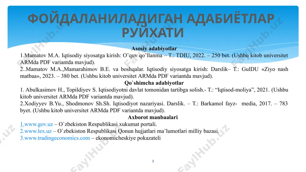 аси марказий банки, молия вазирлиги ва бошқа идоралар билан биргаликда макроиқтисодий барқарорликни таъминлаш, шу жумладан инфляция даражасини пасайтириш ва қўйилган мақсадларга эришиш борасида мувофиқлаштирилган сиёсатни амалга ошириш; -ўзбекистон республикаси инвестициялар ва ташқи савдо вазирлиги томонидан ишлаб чиқиладиган экспортни қўллаб-қувватлаш, экспорт ва импортда тариф ва нотариф тартибга солиш сиёсатларини шакллантириш жараёнида фаол иштирок этиш; -қишлоқ хўжалигини ривожлантириш стратегиясида кўзда тутилган тадбирлар ва ислоҳотларнинг меҳнат унумдорлиги, маҳсулот етиштириш ва қайта ишлаш ҳажмларининг ўсишига, иш ўринлари яратилишига таъсирини баҳолаш ва тегишли таклифлар ишлаб чиқиш; давлатнинг иқтисодий сиёсатни амалга оширишдан асосий стратегик мақсадлари б) камбағалликни қисқартириш борасида: -иқтисодий ўсишнинг инклюзивлигини таъминлаш, давлат бошқаруви органлари, нодавлат нотижорат ташкилотлари, жамоат ташкилотлари ҳамда халқаро молия институтлари ва хорижий ҳукумат молия ташкилотлари билан ҳамкорликда камбағалликни қисқартириш бўйича стратегия ва дастурларни ишлаб чиқиш, амалга ошириш ва мувофиқлаштириш; -камбағалликни қисқартиришнинг аниқ дастак ва механизмларини ишлаб чиқиш, хорижий тажрибани инобатга олган ҳолда камбағаллик даражасини аниқлаш мезонлари ва баҳолаш услубиятини, ижтимоий таъминотнинг …