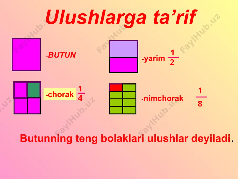 va ayting. 9 9 12 5 7 1 9 8 2 1 . ; ; ; ; qobiliyatli o’quvchilar uchun topshiriqlar. a ning qanday qiymatida to’g’ri kasr hosil bo’ladi? a/12; a/15; 5+a/17; a ning qanday qiymatida noto’g’ri kasr hosil bo’ladi? 14/a; 25/a; 8/a; 17/a+11. ortib borish tartibida yozing: 1/2;1/4;1/8 kamayib borish tartibida yozing: 1/2; 1/8;1/4. uyga vazifa. mahraji 12 bo’lgan barcha to’g’ri kasrlarni, surati 21 bo’lgan barcha noto’g’ri kasrlarni mahraji 7 dan kichik,surati 1 dan katta bo’lgan barcha to’g’ri kasrlarni yozing. darslikdagi 536; 537 ; 549 ;550mashqlarni вajarish. darsda faol qatnashganingiz uchun rahmat!