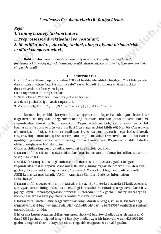 larni e’lon qilish. asosiy funksiya ichida e’lon qilingan o’zgaruvchilar lokal, funksiyadan tashqarida e’lon qilinganlari esa global o’zgaruvchilar deyiladi. global o’zgaruvchilar dastur davomida ishlaydi va xotiradan ma’lum joyni egallaydi. o’zgaruvchini bevosita ishlatishdan oldin e’lon qilsa ham bo’ladi, u holda o’z lokal bo’ladi. global o’zgaruvchilar nomi lokal o’zgaruvchilar nomi bilan bir xil bo’lishi ham mumkin. bunday holatda lokal o’zgaruvchining qiymati joriy funksiya ichidagini qiymatini o’zgartiradi, funksiyadan chiqishi bilan global o’zgaruvchilar ishlaydi. с++ tilidagi dastur tuzilishi va uning kompilyatsiyasi с++ tilida dastur yaratish bir nechta bosqichlardan iborat bo‘ladi. dastlab, matn tahririda (odatda dasturlash muhitining tahririda) dastur matni teriladi, bu faylning kengaytmasi «.srr» bo‘ladi, keyingi bosqichda dastur matn yozilgan fayl kompilyatorga uzatiladi, agarda dasturda xatoliklar bo‘lmasa, kompilyator «.obj» kengaytmali obyekt modul faylini hosil qiladi. oxirgi qadamda komponovka (yig‘uvchi) yordamida «.exe» kengaytmali bajariluvchi fayl - dastur hosil bo‘ladi. bosqichlarda yuzaga keluvchi fayllarning nomlari boshlang‘ich matn faylining nomi bilan bir xil bo‘ladi. kompilyatsiya jarayonining o‘zi ham …