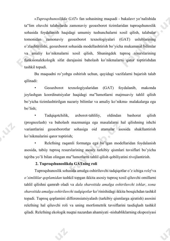 tuproq qoplamini differensiatsiyalash (tarkibiy qismlarga ajratish) asosini relefning hal qiluvchi roli va uning morfometrik tavsiflarini tasdiqlash tashkil qiladi. relefning ekologik nuqtai nazardan ahamiyati -nishabliklarning ekspoziyasi va tikligi, relefning bo’linganlik darajasi, mutloq va nisbiy balandlik qiymati kabi topografik omillarning ta‟siri bilan ifodalanadi. tuproq xosil bo’lishida o’zining botanik tarkibi va yog’ingarchilik miqdori bilan tavsiflanuvchi - o’simliklar qoplami muhim ahamiyatga ega hisoblanadi. shuningdek, tuproq xosil bo’lishi jarayoni bilan u yoki bu darajada aloqadorlikka ega bo’lgan - yoritilganlik darajasi, harorat, tuproq tarkibi va havoning namlik darajasi, tuproq suv oqimlari va albatta, tog’ ona jinsi kabi bilvosita ta‟sir ko’rsatuvchi bir qator omillarni ham ajratib ko’rsatish mumkin. tuproqshunoslikda tadqiqotlarning dala sharoitida amalga oshiriluvchi bosqichining asosiy vazifalaridan biri - bu qazish nuqtalari deb nomlanuvchi sinov namunalarini olish joyining tanlab olinishi bilan bog’liq hisoblanadi. hozirgi vaqtda bu maqsadda tadqiqot olib borilayotgan hududning alohida tarkibiy qismlar bo’yicha o’rganilishi uchun, o’rganilayotgan hududga ko’p marta takroriylikda chiqishlar amalga oshirilishiga to’g’ri keladi. …