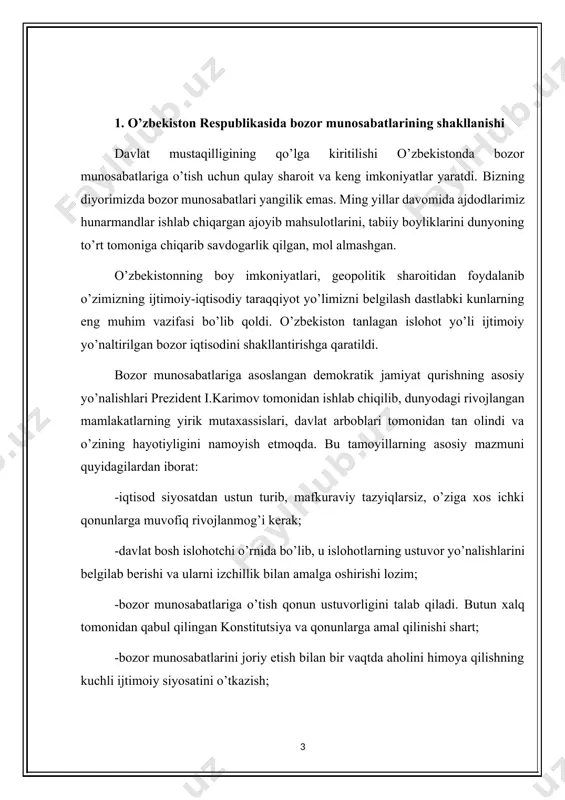 g’oyat mas'uliyatli va murakkab vazifa - iqtisodiy islohotlar strategiyasi ishlab chiqildi. iqtisodiy strategiyaning boshlang’ich nuqtasi ijtimoiy-iqtisodiy o’zgarishlarning pirovard maqsadini belgilab olishdan iboratdir. bu vazifa markazlashtirilgan, ma'muriy buyruqbozlikka asoslangan iqtisodiyotdan bozor munosabatlariga, bir sifat holatidan ikkinchi sifat holatiga o’tishdan iboratdir. bozor islohotlarini amalga oshirish dasturiga ko’ra ustuvor vazifalar bosqichma-bosqich hal qilinadi. birinchi bosqichda totalitar tizimdan hozirgi zamon bozor munosabatlariga o’tish davridagi bir-biriga bog’liq ikki vazifani bir vaqtda hal qilishga to’g’ri keldi: ma'muriy buyruqbozlik tizimining og’ir oqibatlarini tugatib, iqtisodni barqarorlashtirish va bozor munosabatlarining negizini shakllantirish. bu bosqich jarayonida iqtisodiy islohotning g’oyat muhim yo’nalishlari o’zbekiston prezidenti tomonidan belgilab berildi: -o’tish jarayonining huquqiy asoslarini shakllantirish, islohotlarning qonuniy-huquqiy bazasini mustahkamlash va rivojlantirish; -qishloq xo’jaligida mulkchilikning yangi shakllarini vujudga keltirish; -ishlab chiqarishning pasayib borishiga barham berish. iqtisodiy islohotlarni huquqiy asoslovchi qonun-qoidalar yuridik tashkilotlar va yetuk olimlar tomonidan tayyorlandi va jahonning yirik mutaxassislari tomonidan quvvatlanib tan olindi. dastlabki vaqtning o’zida iqtisodiy munosabatlarning huquqiy negizini barpo etadigan 100 …