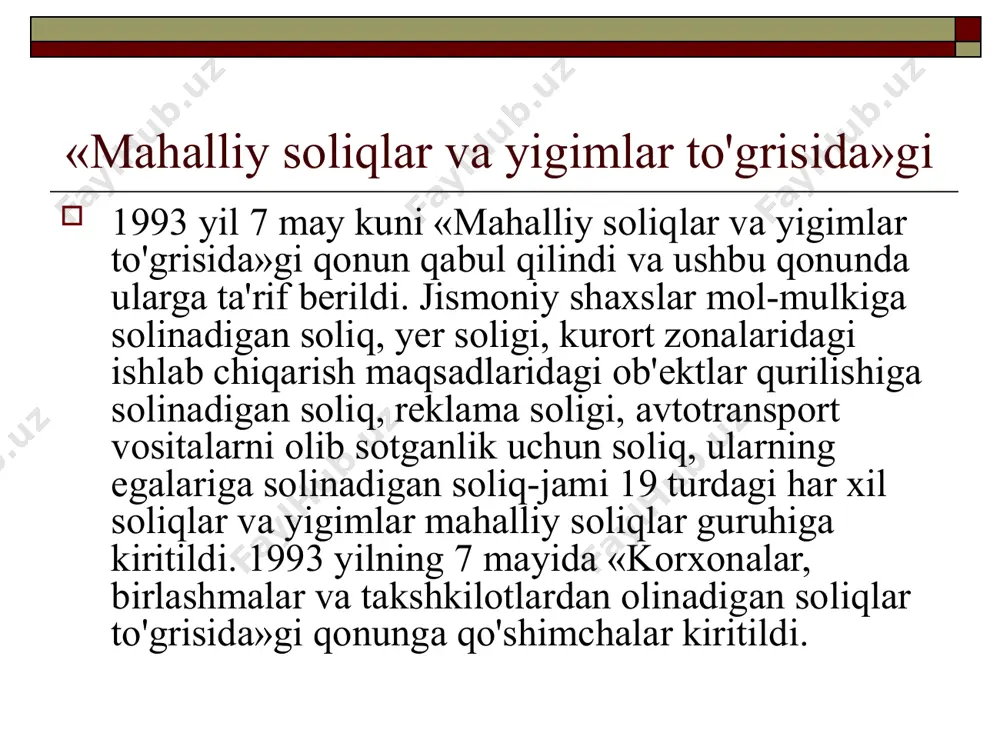 tashqari mamlakatdagi ijtimoiy-iqtisodiy jarayonlarni tartibga solishda ham muhim rol o`ynaydi. qadim zamonlarda ham ijtimoiy-iqtisodiy munosabatlar va jarayonlarni tartibga solishda soliqlardan foydalanib kelingan, hatto davlatchilikning shakllanishida ham soliqlar ma’lum rol o`ynagan. chunki davlatchilikning shakllanishi mukammal, barqaror bo`lmagan ijtimoiy-iqtisodiy munosabatlarga tayangan. shuning uchun davlat paydo bo`lishining dastlabki bosqichlarida moliyaviy va iqtisodiy munosabatlarni jonlantirishda davlat hukmdorlari har xil soliq to`lovlaridan foydalanib, o`z oldilariga turgan muammolarni yechishga harakat qilishgan. davlat soliqlarning ayrim turlarini bekor qilish, yangilarini joriy etish, soliq stavkalari va imtiyozlarini, soliq solish shart-sharoitlarini o`zgartirish orqali muayyan tarmoqlar va ishlab chiqarishlarni jadal rivojlantirish, jamiyat uchun dolzarb muammolarni hal etishga imkoniyatlar yaratadi. masalan, kichik biznes va xususiy tadbirkorlik, fermer xo`jaliklarini rivojlanishini qo`llab-quvvatlash, mahalliy xom ashyodan iste’mol tovarlari va eksportbop mahsulot ishlab chiqarishni rag`batlantirish uchun bir qancha soliq imtiyozlari berilgan. asosiy vositalarga jadallashtirilgan amortizatsiyani qo`llash foydaning bir qismini qayta jihozlash va ta’mirlashga, ilmiy-tadqiqot va tajriba-konstruktorlik ishlariga yo`naltirib, ular bilan bog`liq xarajatlarni soliqqa tortiladigan bazadan chegirib …