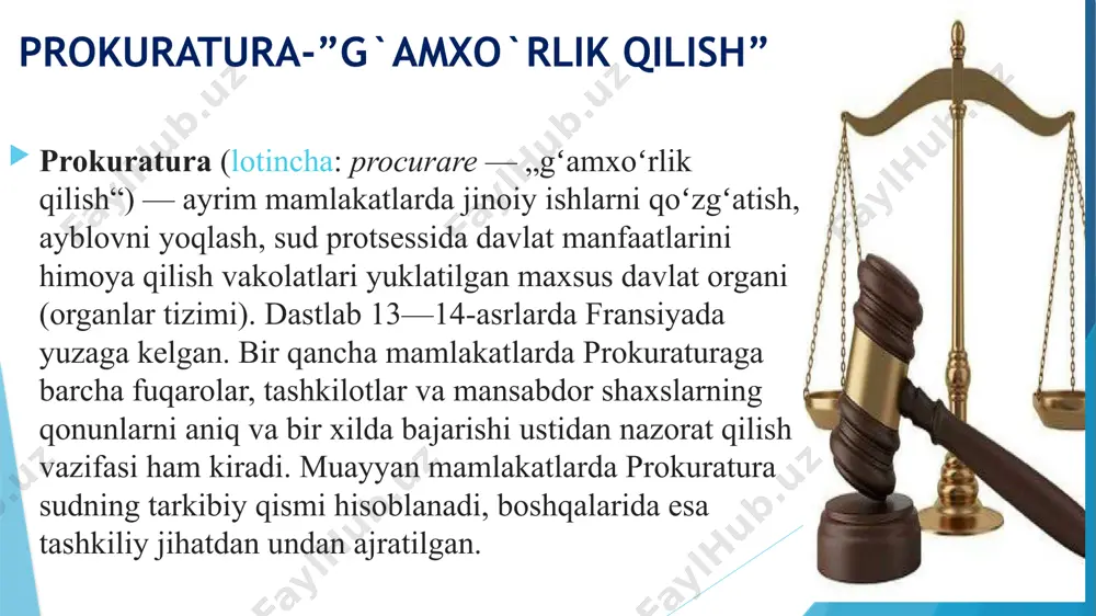 departamenti va majburiy ijro byurosi, shuningdek ularning joylardagi bo‘linmalari faoliyat ko‘rsatadi. o‘zbekiston respublikasi prokuratura organlarining asosiy vazifalari o‘zbekiston respublikasi prokuratura organlarining asosiy vazifalari qonun ustuvorligini ta’minlash, qonuniylikni mustahkamlash, fuqarolarning huquq hamda erkinliklarini, jamiyat va davlatning qonun bilan qo‘riqlanadigan manfaatlarini, o‘zbekiston respublikasi konstitutsiyaviy tuzumini himoya qilish, huquqbuzarliklarning oldini olish va profilaktika qilishdan iborat. prokuratura organlari faoliyatining asosiy yo‘nalishlari: prokuratura organlari o‘z faoliyatini quyidagi asosiy yo‘nalishlar bo‘yicha amalga oshiradi: vazirliklar, davlat qo‘mitalari, idoralar, fuqarolarning o‘zini o‘zi boshqarish organlari, jamoat birlashmalari, korxonalar, muassasalar, tashkilotlar, hokimlar va boshqa mansabdor shaxslar tomonidan qonunlarning ijro etilishi ustidan nazorat qilish; fuqaroning huquq hamda erkinliklarini ta’minlashga qaratilgan qonunlar ijrosi ustidan nazorat qilish; o‘zbekiston respublikasi qurolli kuchlarida, vazirliklar, davlat qo‘mitalari va idoralarining harbiy tuzilmalarida qonunlarga rioya etilishi ustidan nazorat qilish; tezkor-qidiruv faoliyatni, tergovga qadar tekshiruvni, surishtiruvni, dastlabki tergovni amalga oshiradigan organlar tomonidan qonunlarning ijro etilishi ustidan nazorat qilish hamda ularning jinoyatchilikka qarshi kurash borasidagi faoliyatini muvofiqlashtirish. o‘zbekiston respublikasi bosh …