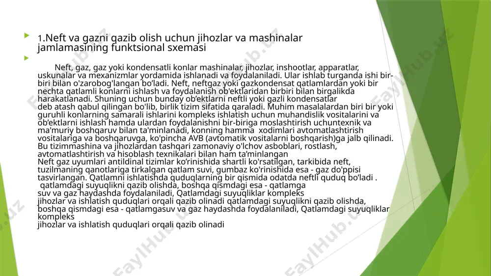 tini yuqori ko’rsatkichda o’sib borayotganligi ularning tezkor yangilanishga, mukammal yangi turlarini va kostruktsiyalarini yaratishga to’g'ri kelmoqda. texnik vositalarni ko'p shaklli ekanligi, ularning bir tizimga keltirish hamda o'rganish kerakligini talab qildi. mashinalar, jihozlar, mexanizmlar, inshootlar, mexanizatsiyalash vositalari va hamma asboblar sakkizta guruhga va bir nechta guruhchalarga ajratib o’rganiladi. i guruh. quduqlardan suyuqlik va gazni qazib chiqarish uchun kerakli jihozlarning tasnifi normal ishlarni amalga oshirishga moslashtirilgan bo'ladi, mahsuldor qatlamni yer usti qismi bilan tutashtiruvchi kanal hisoblanadi. bu guruhdagi jihozlarningishonchliligi va samaradorligi quduqning ishini ishonchligini to’liq aniqlaydi hamda bu guruhga qo’yidagi jihozlar qo'shiladi: 1. quduqning stvolini shakllantiruvchi mustahkamlash tizmasining quvurlari va uning ishonchliligini ta'minlagichlar. 2. tizma boshchasi, u quduq ustini mustahkamlash tizmasi bilan bir tugunga birlashtiradi, bir vaqtda quduqqa ishlatish uchun tushiriladigan vositalarning qismi bo'lib xizmat qiladi. 3. filtrlar bilan quduqning mahsuldor qatlamidagi suyuqliklar yoki gaz filtrlanadi.4. qirquvchi-klapanlar qatlam filtrining ustiga o'rnatiladi, quduqda ochiq, falokatli favvora bo’lishining oldini oladi. u favvoralovchi quduq larda …